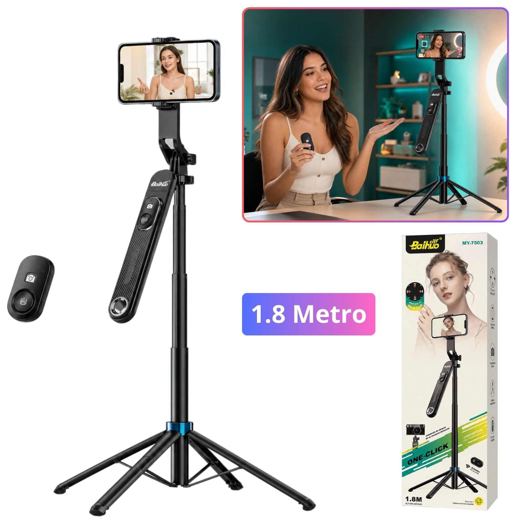 TRIPODE SELFIE STICK EXPANDIBLE 1.80M BLUETOOTH PORTATIL PARA CELULAR Y CAMARA  TRANSMISIONES LIVE - 1