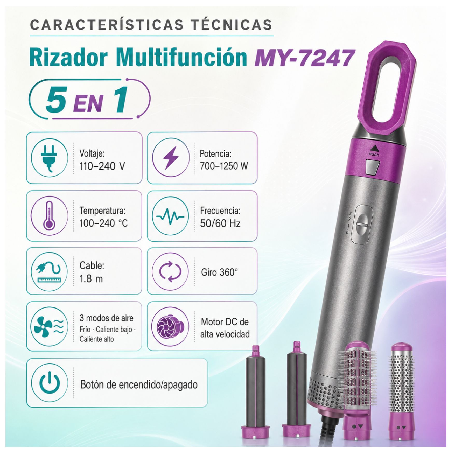 PEINE SECADORA RIZADORA ONDULADOR DE CABELLO 5 EN 1 SECADOR DE PELO MULTIFUNCIONAL BAIHUO MY-7247 - 6