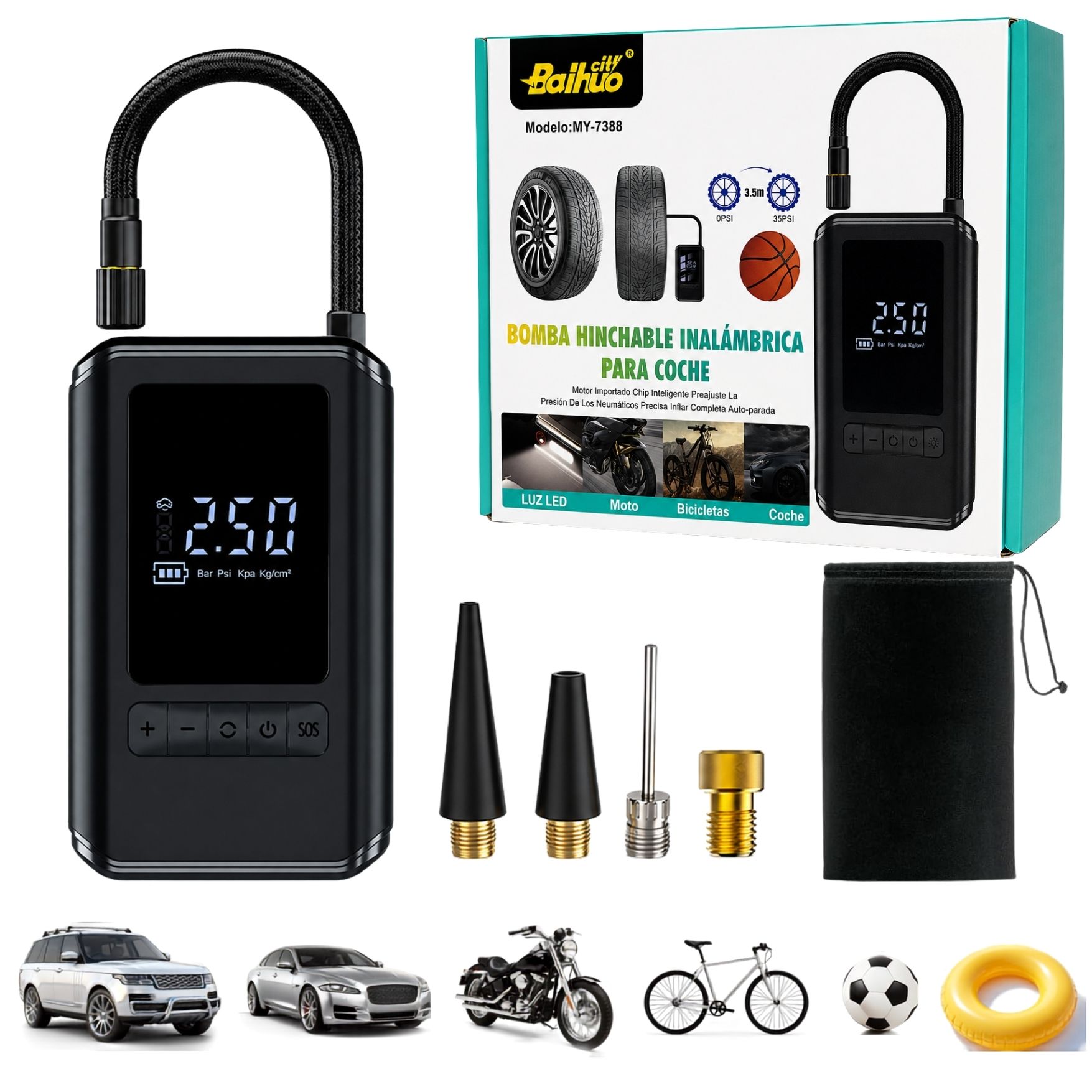 COMPRESOR AIRE PORTATIL INFLADOR DE LLANTA DE AUTO 130PSI CON PANTALLA LCD Y LINTERNA - 1
