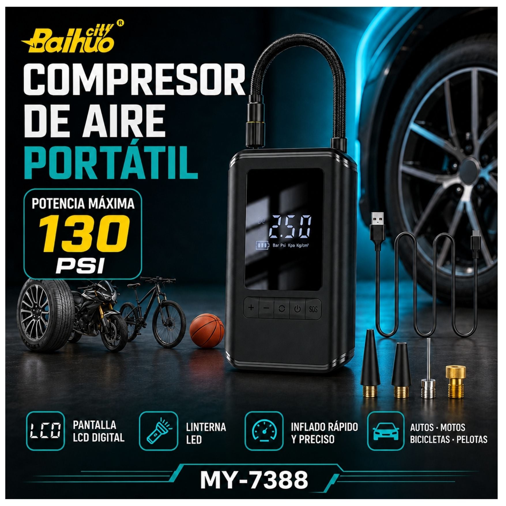 COMPRESOR AIRE PORTATIL INFLADOR DE LLANTA DE AUTO 130PSI CON PANTALLA LCD Y LINTERNA - 2