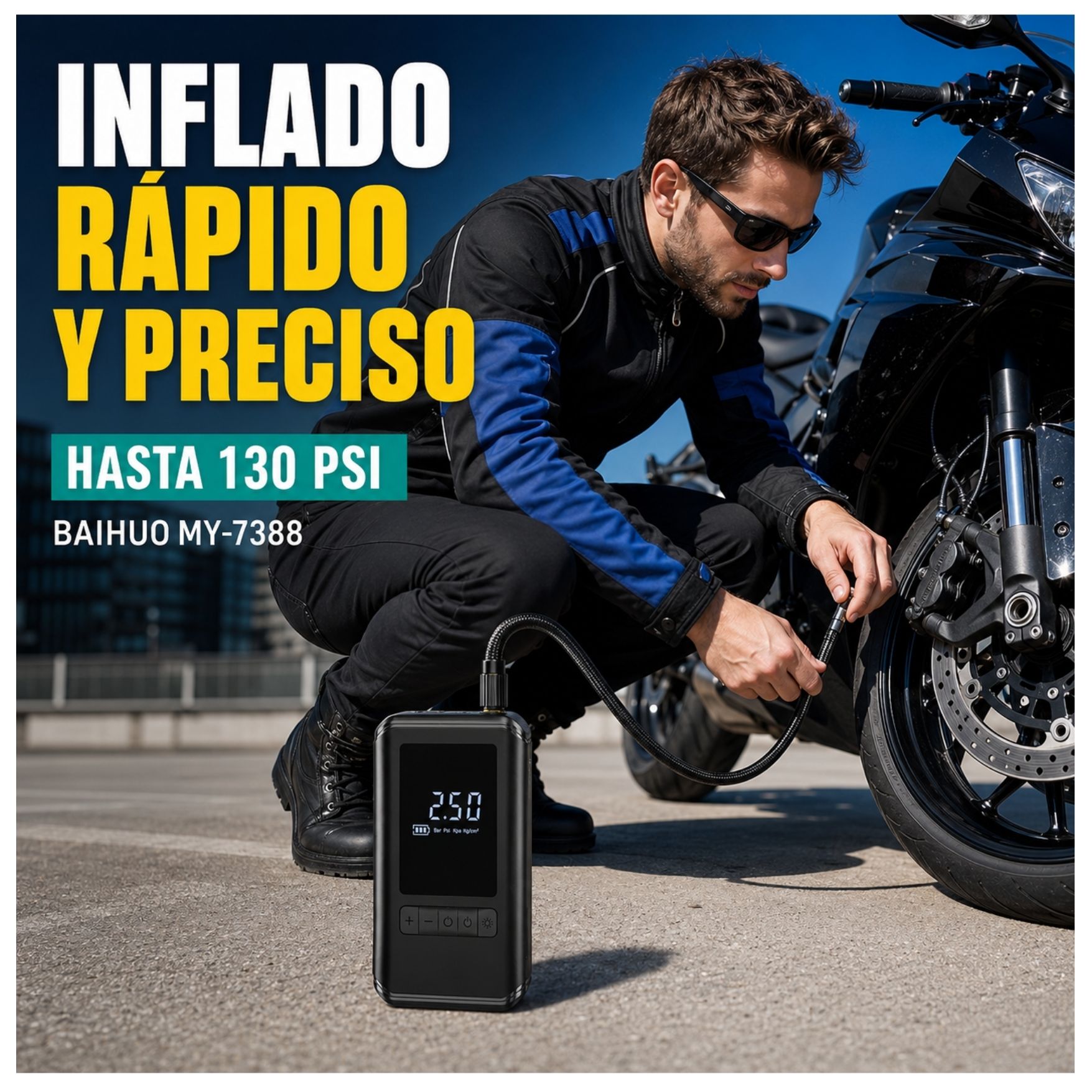 COMPRESOR AIRE PORTATIL INFLADOR DE LLANTA DE AUTO 130PSI CON PANTALLA LCD Y LINTERNA - 3