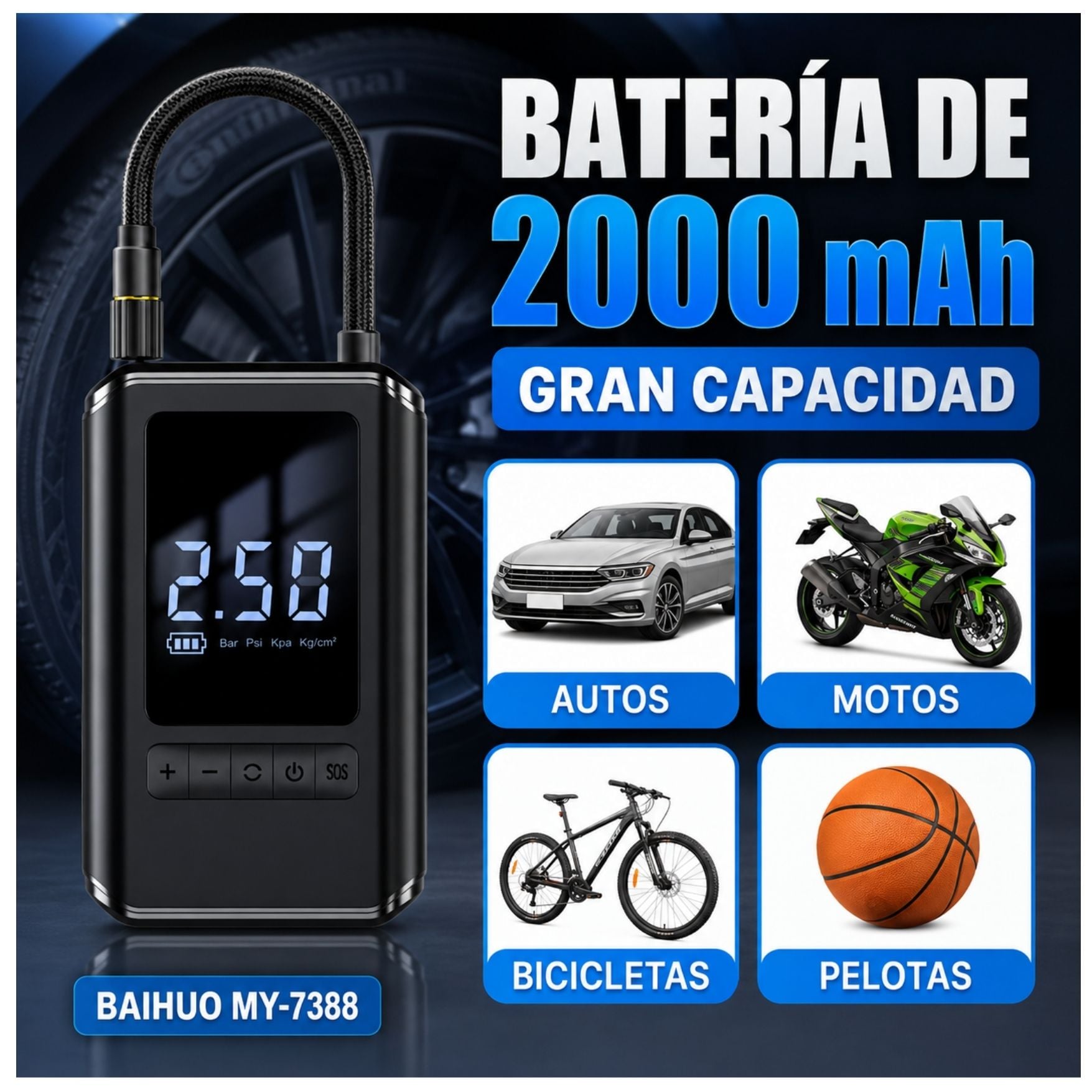 COMPRESOR AIRE PORTATIL INFLADOR DE LLANTA DE AUTO 130PSI CON PANTALLA LCD Y LINTERNA - 4