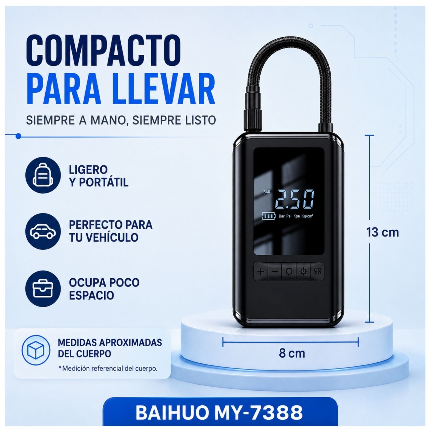 COMPRESOR AIRE PORTATIL INFLADOR DE LLANTA DE AUTO 130PSI CON PANTALLA LCD Y LINTERNA - 5