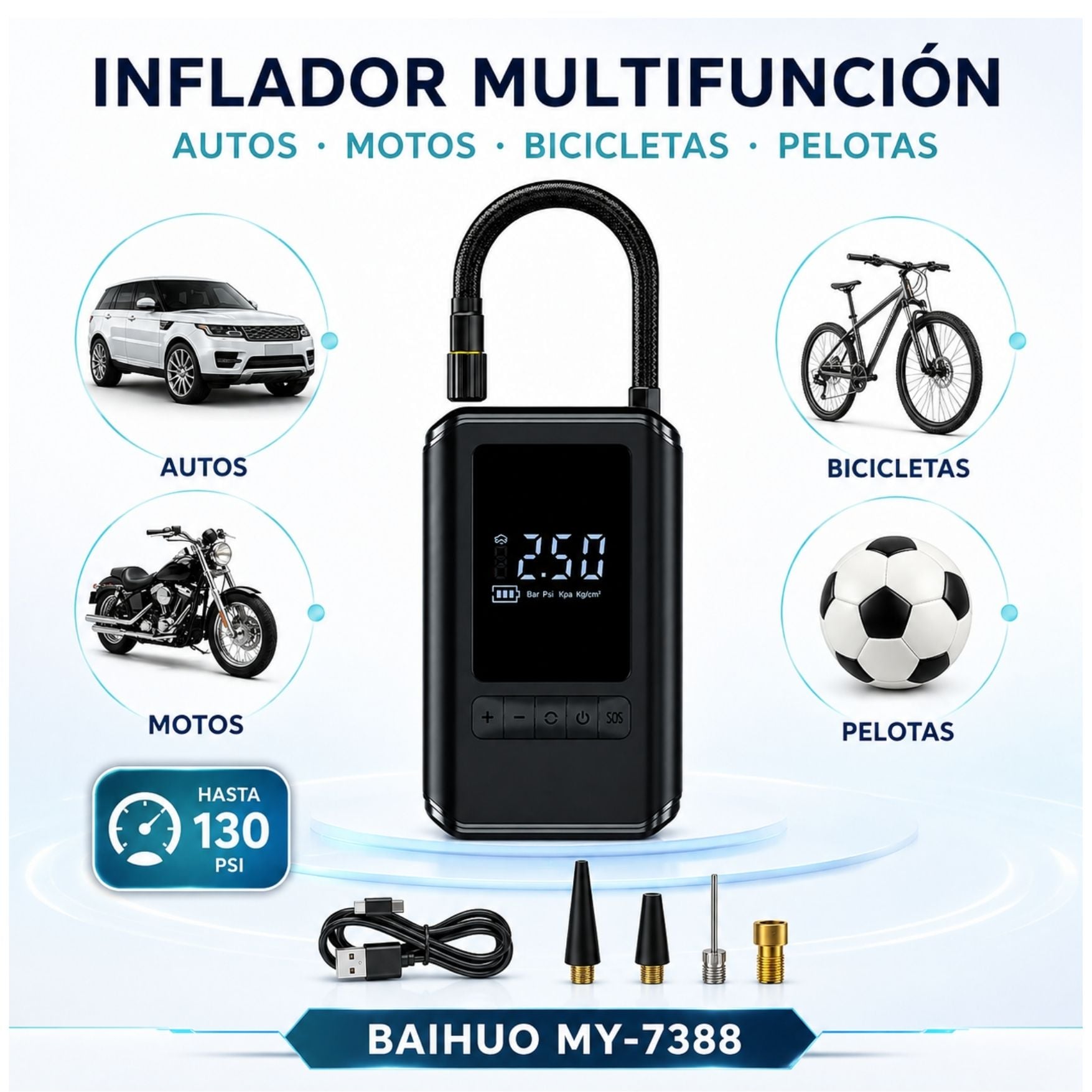 COMPRESOR AIRE PORTATIL INFLADOR DE LLANTA DE AUTO 130PSI CON PANTALLA LCD Y LINTERNA - 6