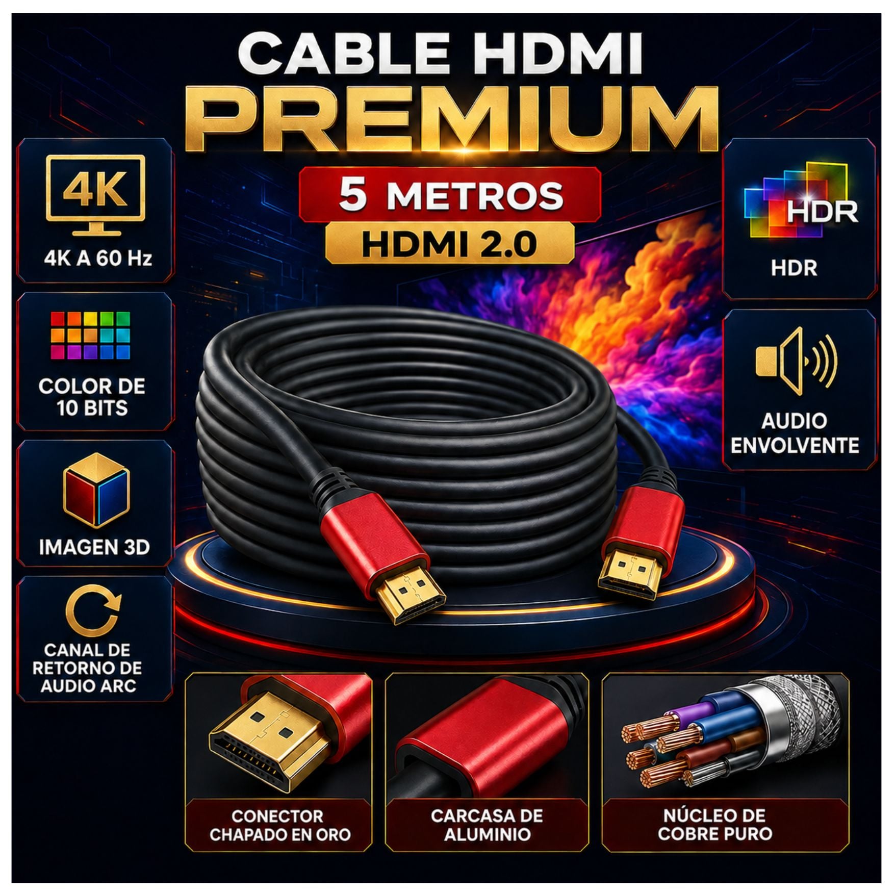 CABLE HDMI 2.0 4K 60HZ, ALTA DEFINICIÓN ULTRA HD 5 METROS PARA TV PROYECTOR PS5 XBOX PC CABLE HDMI - 2