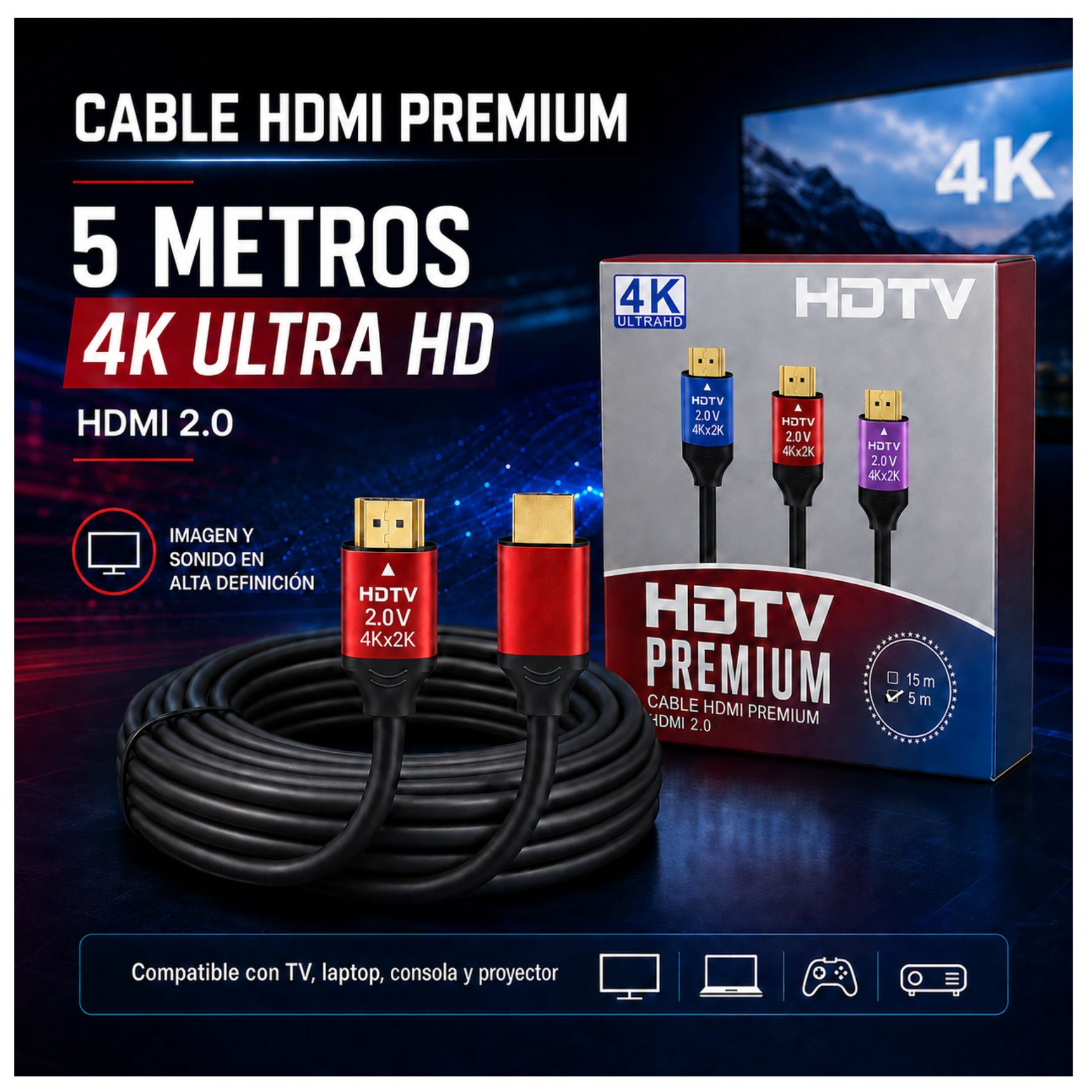 CABLE HDMI 2.0 4K 60HZ, ALTA DEFINICIÓN ULTRA HD 5 METROS PARA TV PROYECTOR PS5 XBOX PC CABLE HDMI - 4