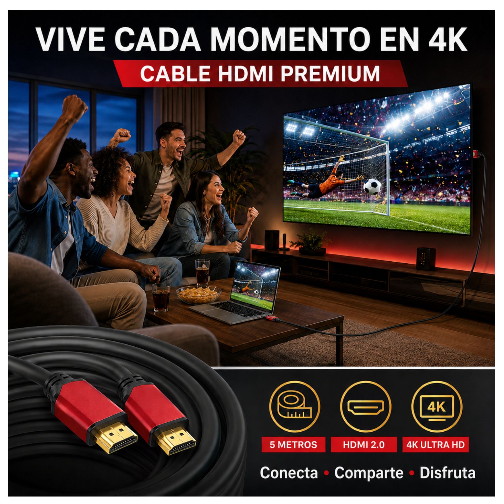CABLE HDMI 2.0 4K 60HZ, ALTA DEFINICIÓN ULTRA HD 5 METROS PARA TV PROYECTOR PS5 XBOX PC CABLE HDMI - 5