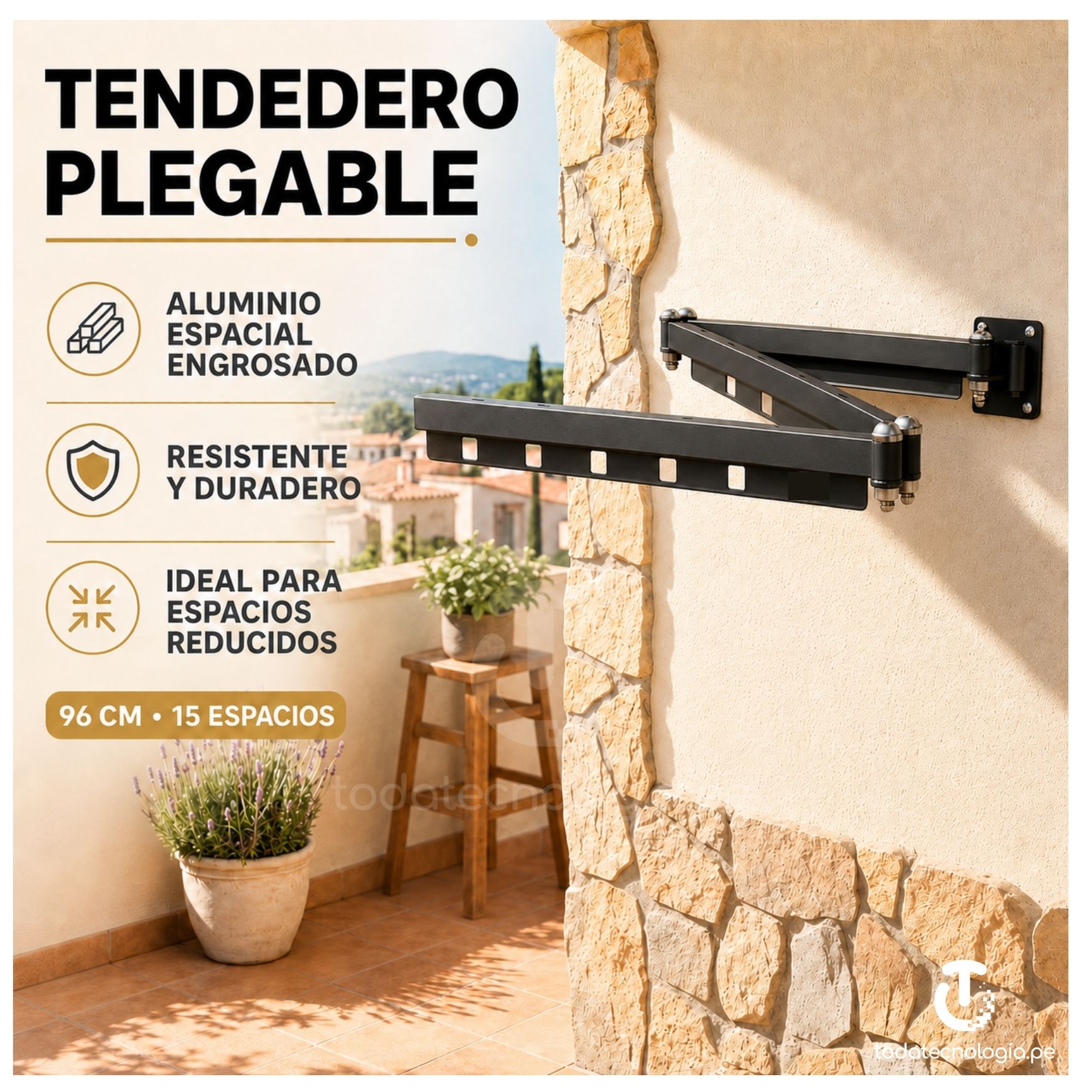 TENDEDERO DE ROPA PLEGABLE DE METAL PARA PARED 96 CM PARA LAVANDERIA EXTENSIBLE MODERNO - 3