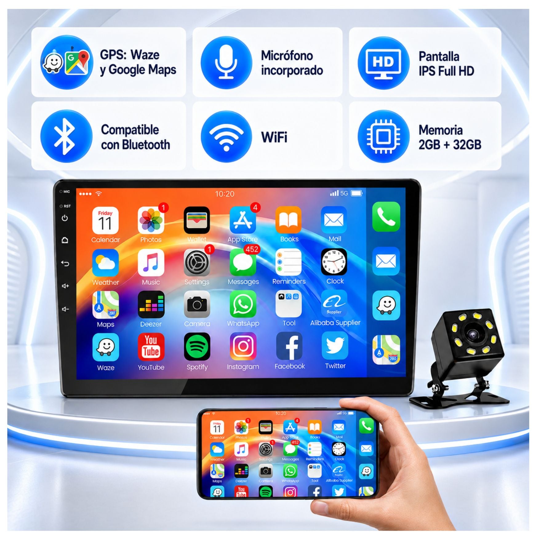 AUTORADIO ANDROID CON PANTALLA TACTIL 10 PULGADAS 2+32GB GPS WIFI BLUETOOTH Y CÁMARA RETROVISOR - 1