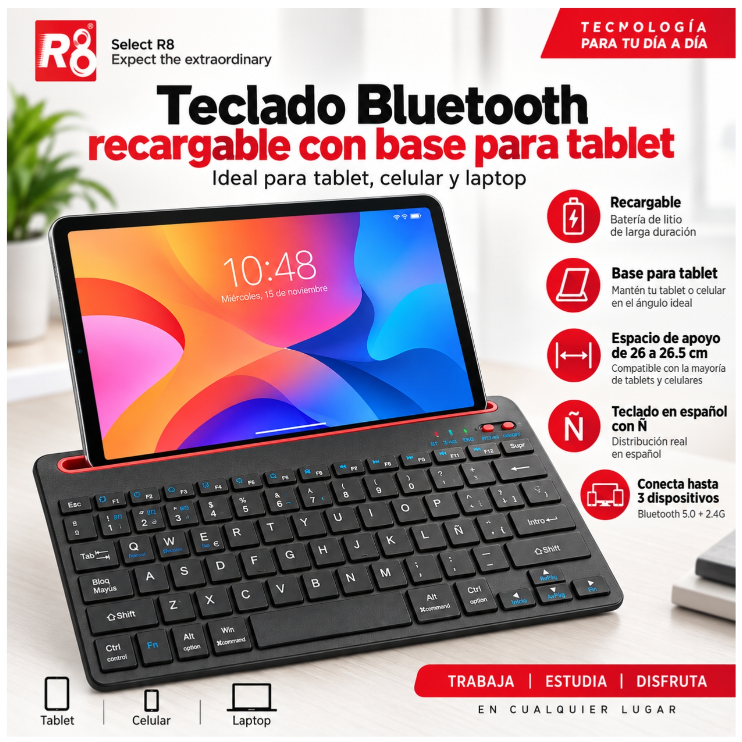 TECLADO INALAMBRICO 2,4GHZ BLUETOOTH 5,0 RECARGABLE PARA IPAD TABLET CELULARES - 1