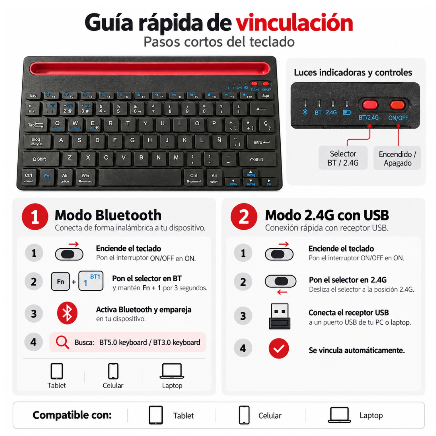 TECLADO INALAMBRICO 2,4GHZ BLUETOOTH 5,0 RECARGABLE PARA IPAD TABLET CELULARES - 3