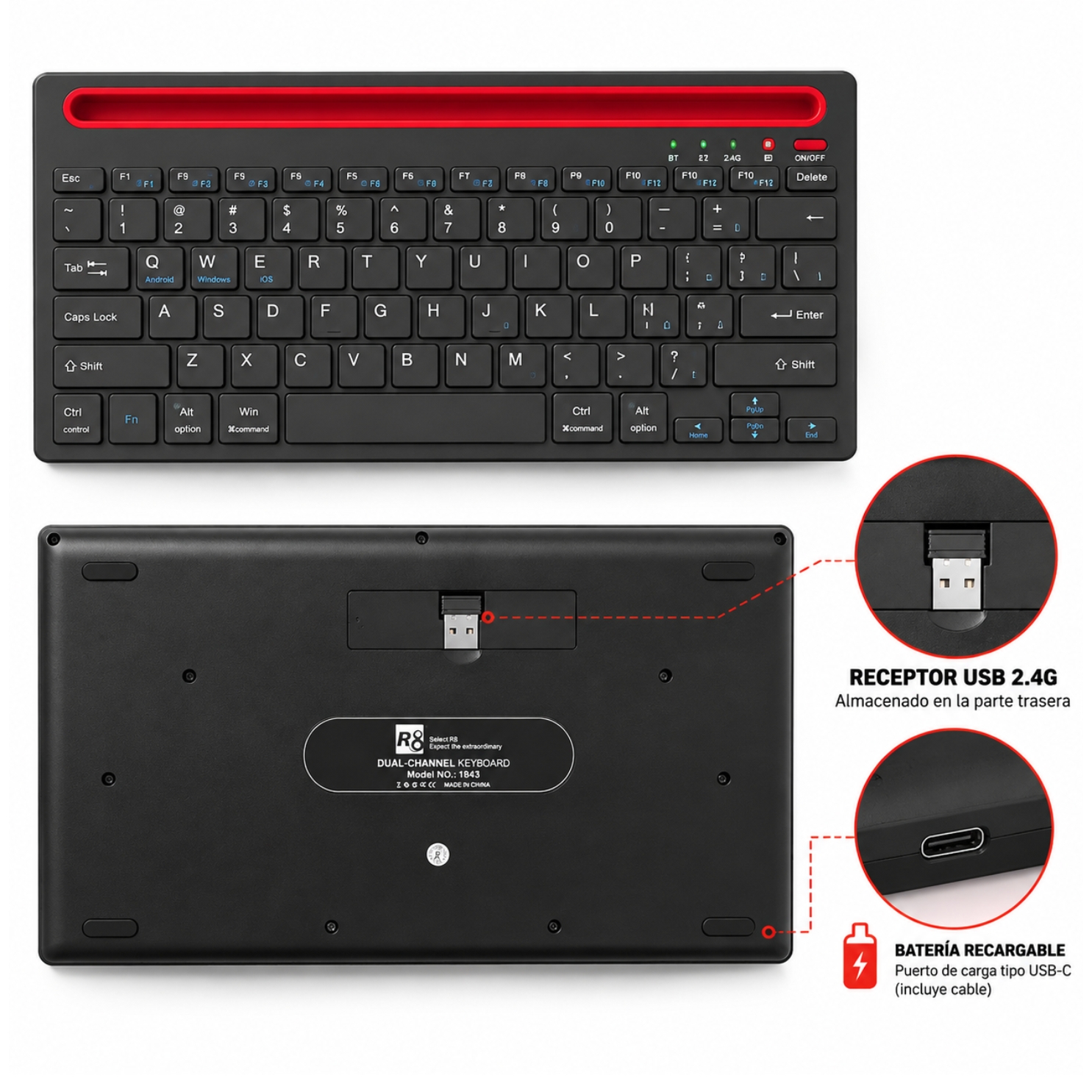 TECLADO INALAMBRICO 2,4GHZ BLUETOOTH 5,0 RECARGABLE PARA IPAD TABLET CELULARES - 4