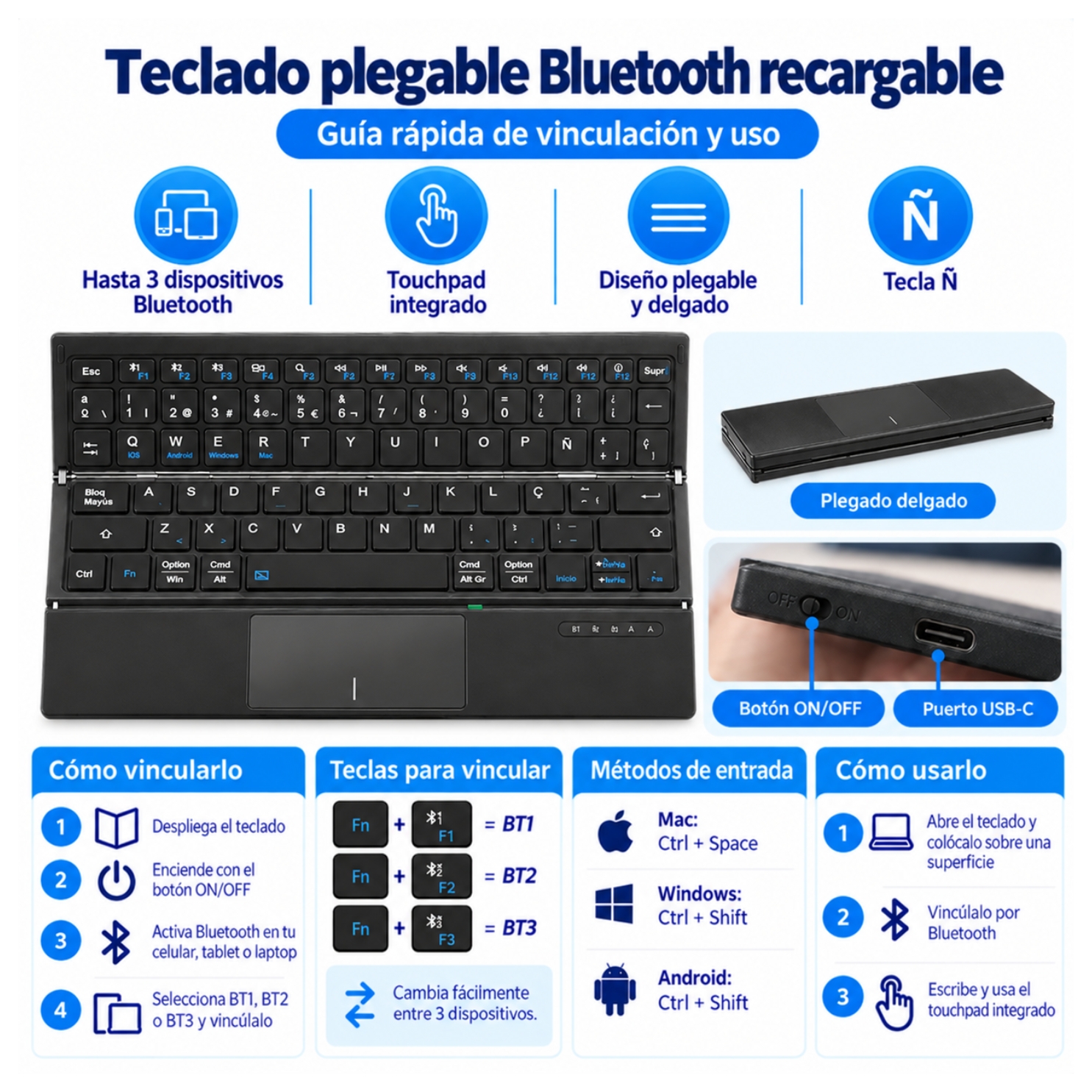 TECLADO INALAMBRICO BLUETOOTH PLEGABLE RECARGABLE PORTATIL + ESTUCHE PARA TABLET IPAD CELULAR - 3