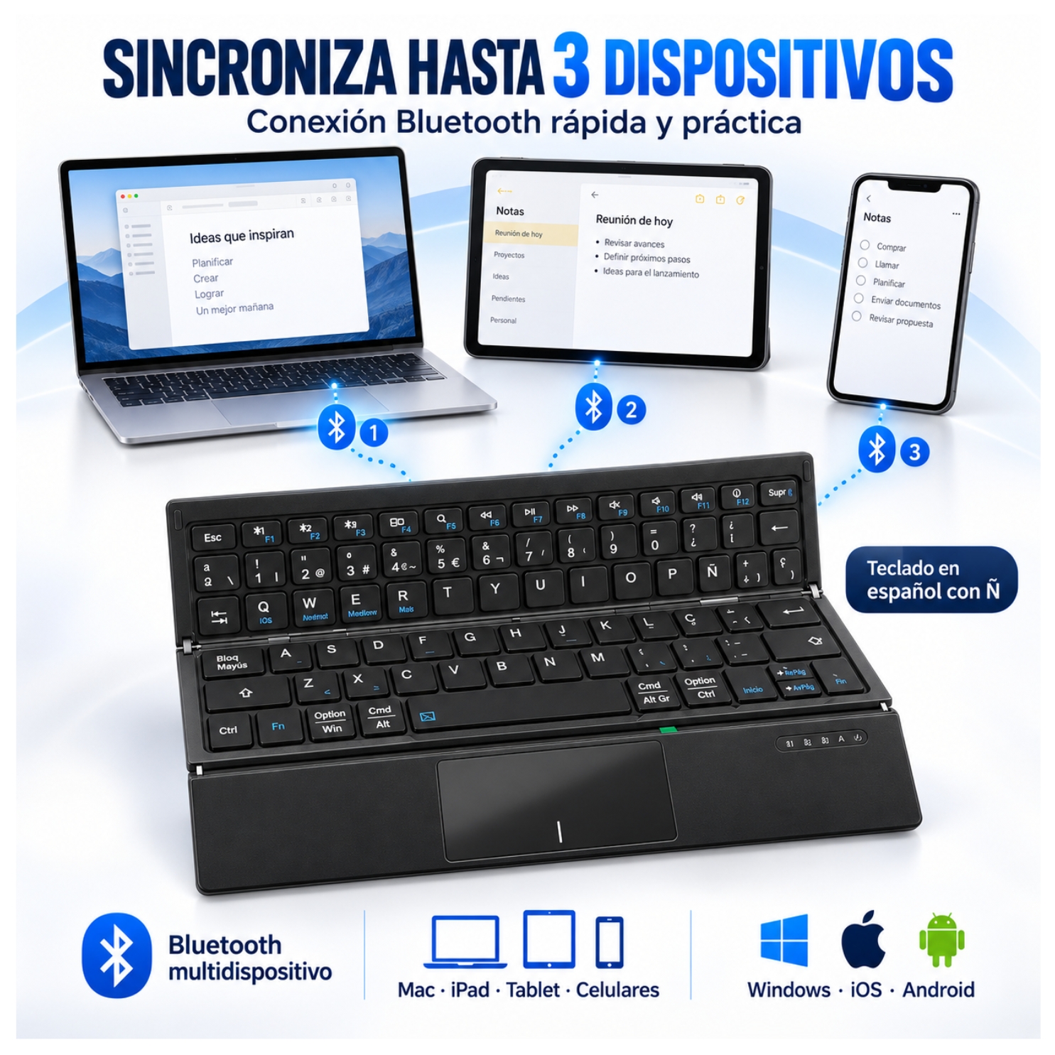 TECLADO INALAMBRICO BLUETOOTH PLEGABLE RECARGABLE PORTATIL + ESTUCHE PARA TABLET IPAD CELULAR - 4