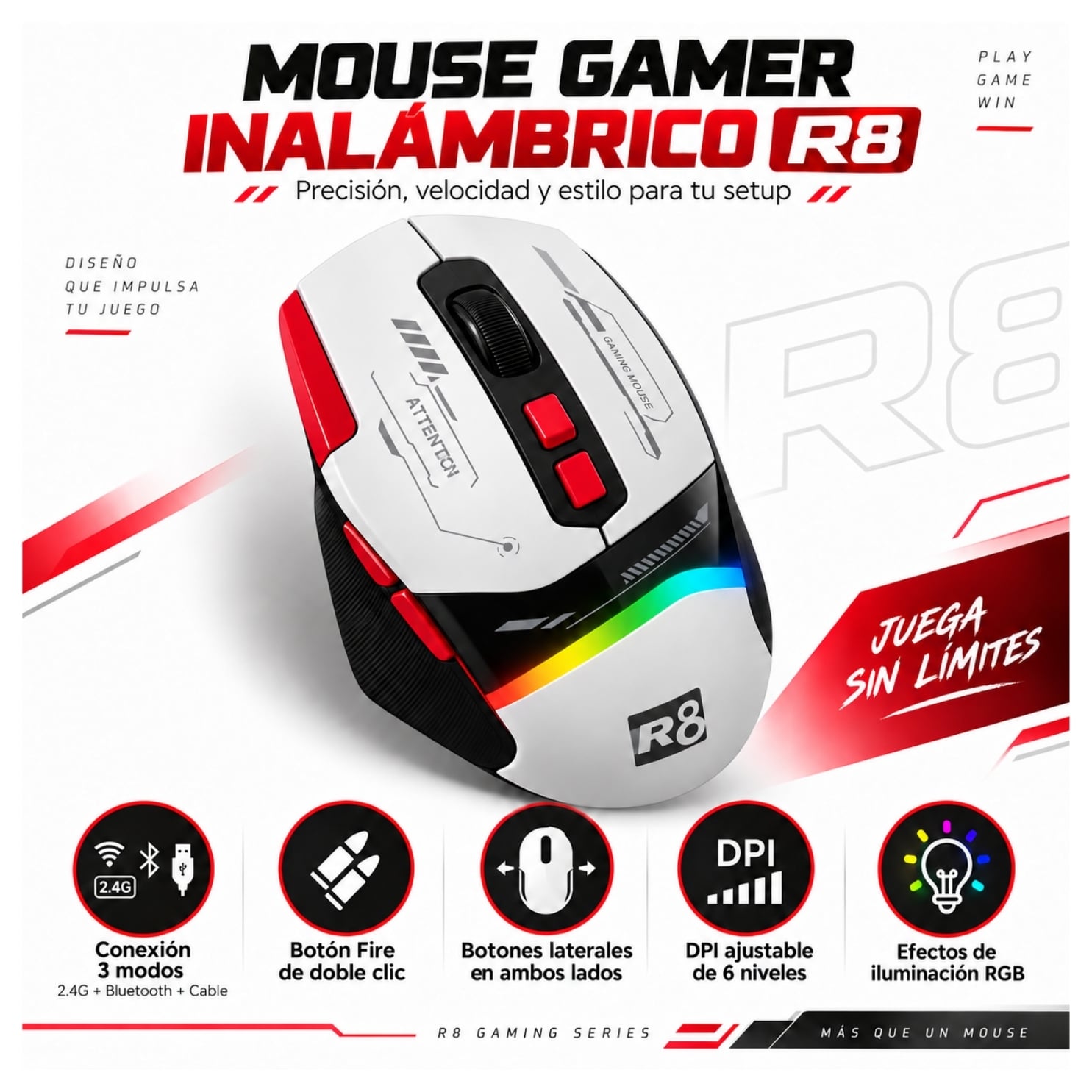 MOUSE GAMER RGB MODO DUAL INALAMBRICO RECARGABLE 12800DPI SENSOR ÓPTICO BOTONES PROGRAMABLES - 1