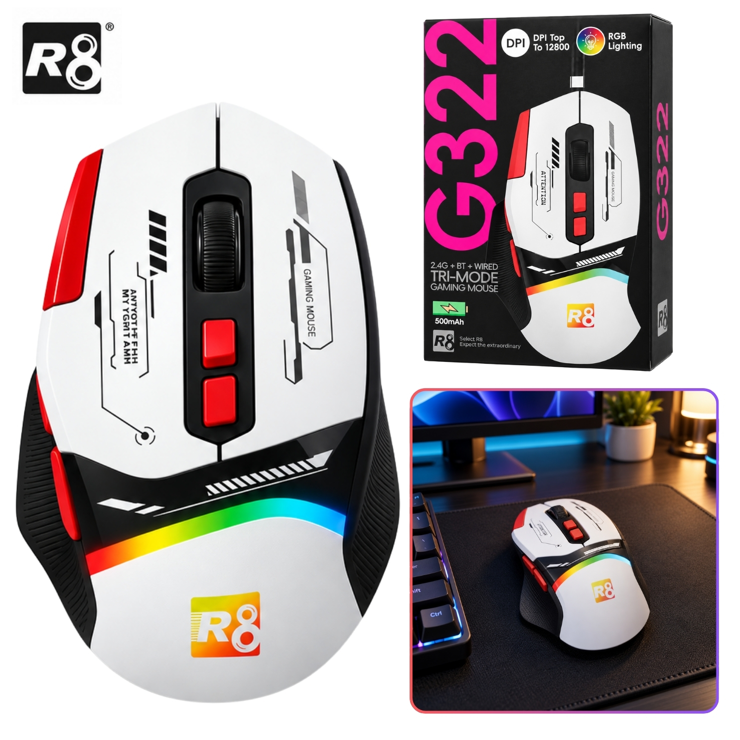 MOUSE GAMER RGB MODO DUAL INALAMBRICO RECARGABLE 12800DPI SENSOR ÓPTICO BOTONES PROGRAMABLES - 2