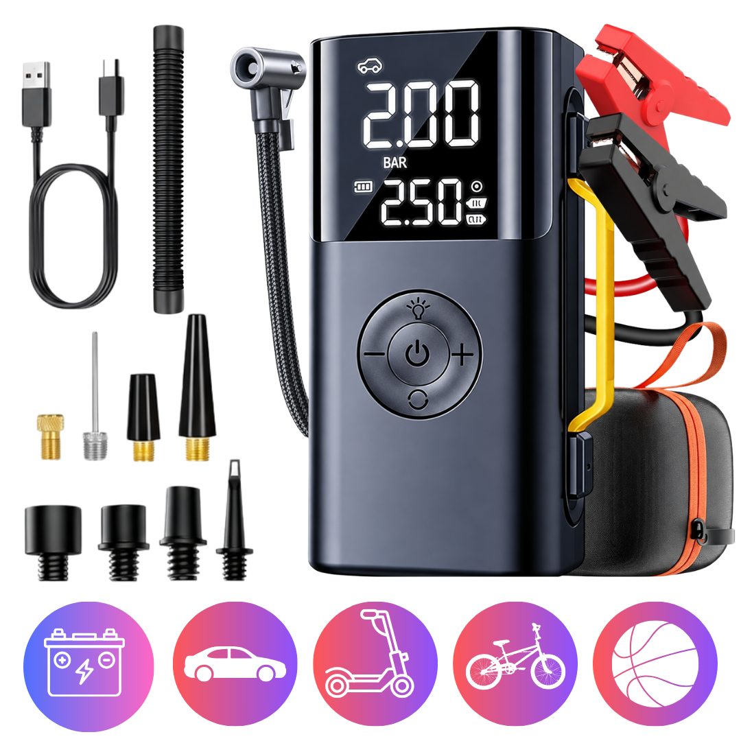 ARRANCADOR DE BATERIA PARA AUTO INFLADOR DE LLANTA CARRO SCOOTER PELOTA LINTERNA POWER BANK ESTUCHE - 1