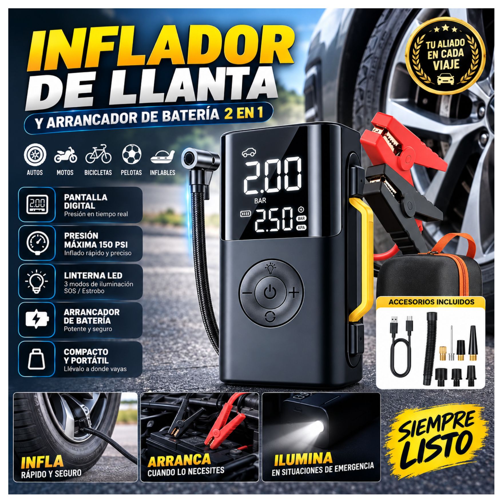 ARRANCADOR DE BATERIA PARA AUTO INFLADOR DE LLANTA CARRO SCOOTER PELOTA LINTERNA POWER BANK ESTUCHE - 2