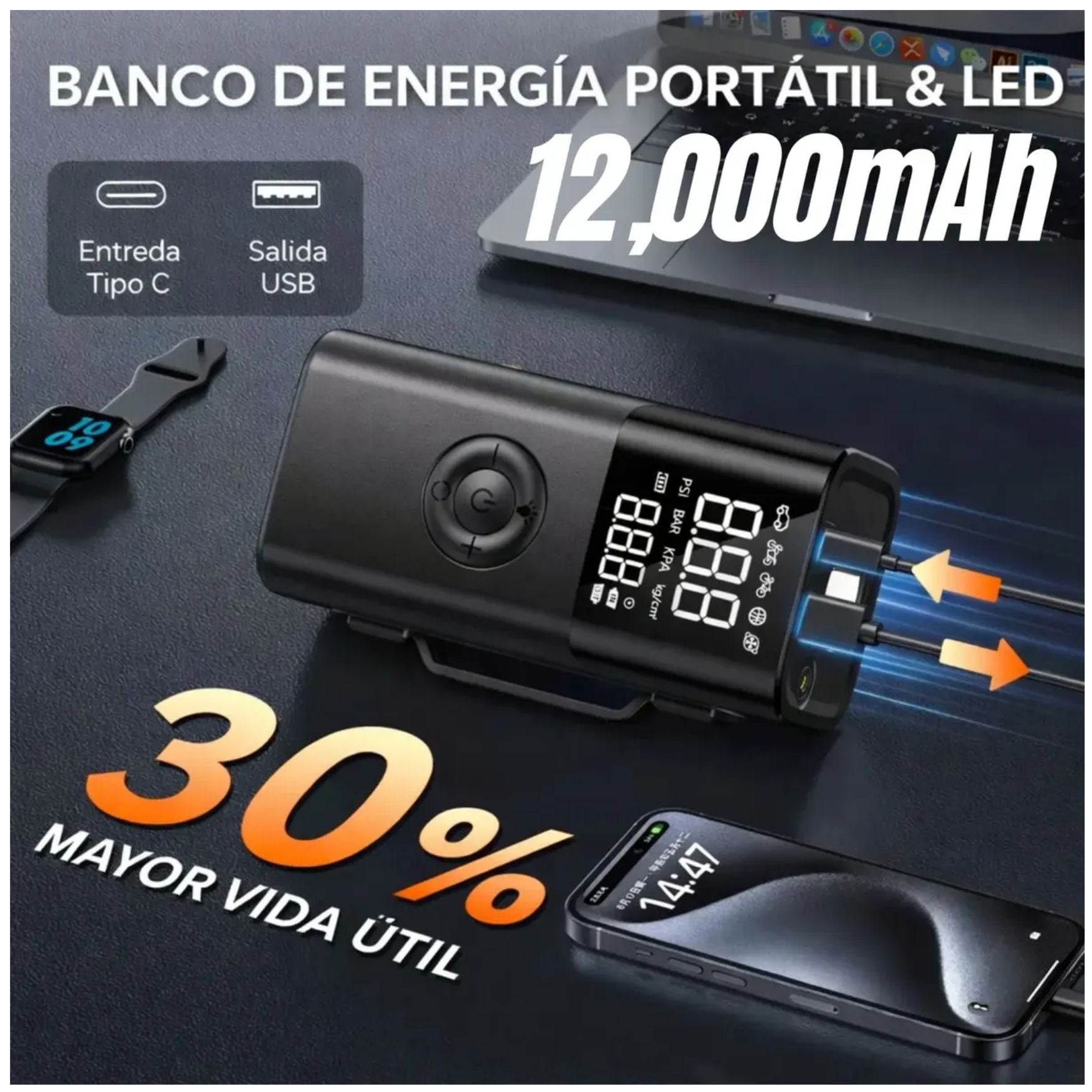 ARRANCADOR DE BATERIA PARA AUTO INFLADOR DE LLANTA CARRO SCOOTER PELOTA LINTERNA POWER BANK ESTUCHE - 3