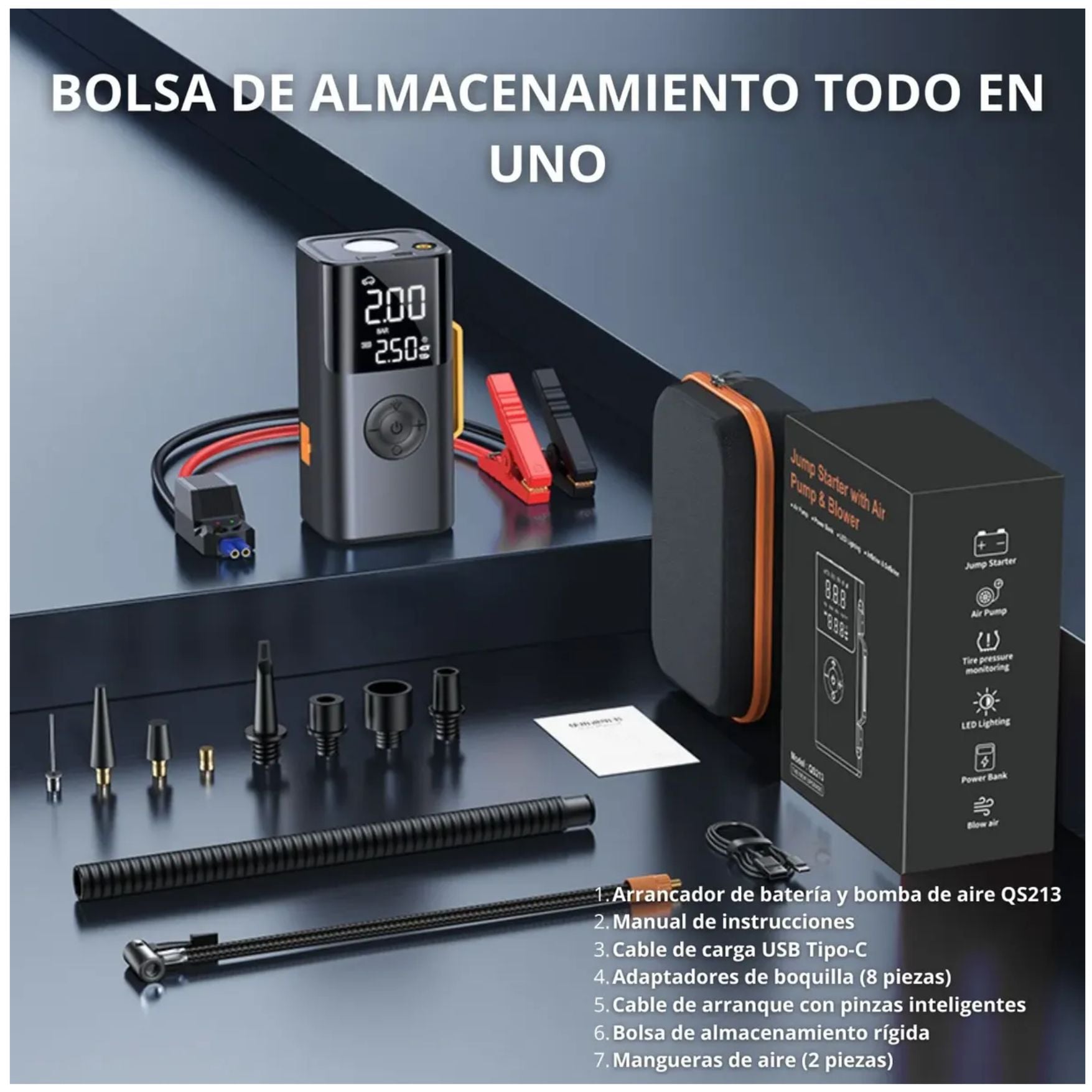 ARRANCADOR DE BATERIA PARA AUTO INFLADOR DE LLANTA CARRO SCOOTER PELOTA LINTERNA POWER BANK ESTUCHE - 7