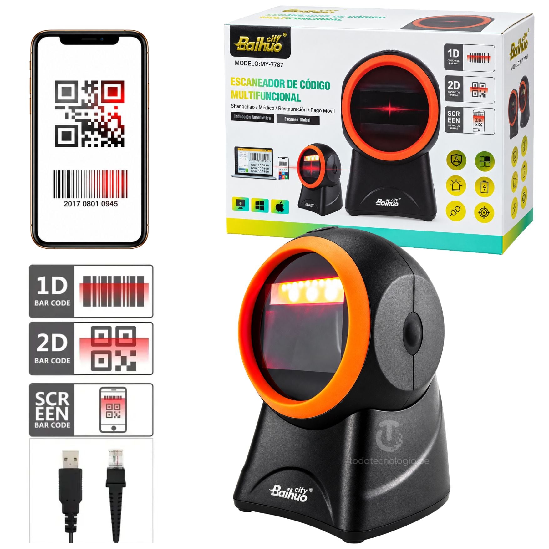 LECTOR DE CÓDIGOS DE BARRAS LECTOR QR 1D 2D OMNIDIRECCIONAL CON CABLE USB BAIHUO MY-7787 - 1