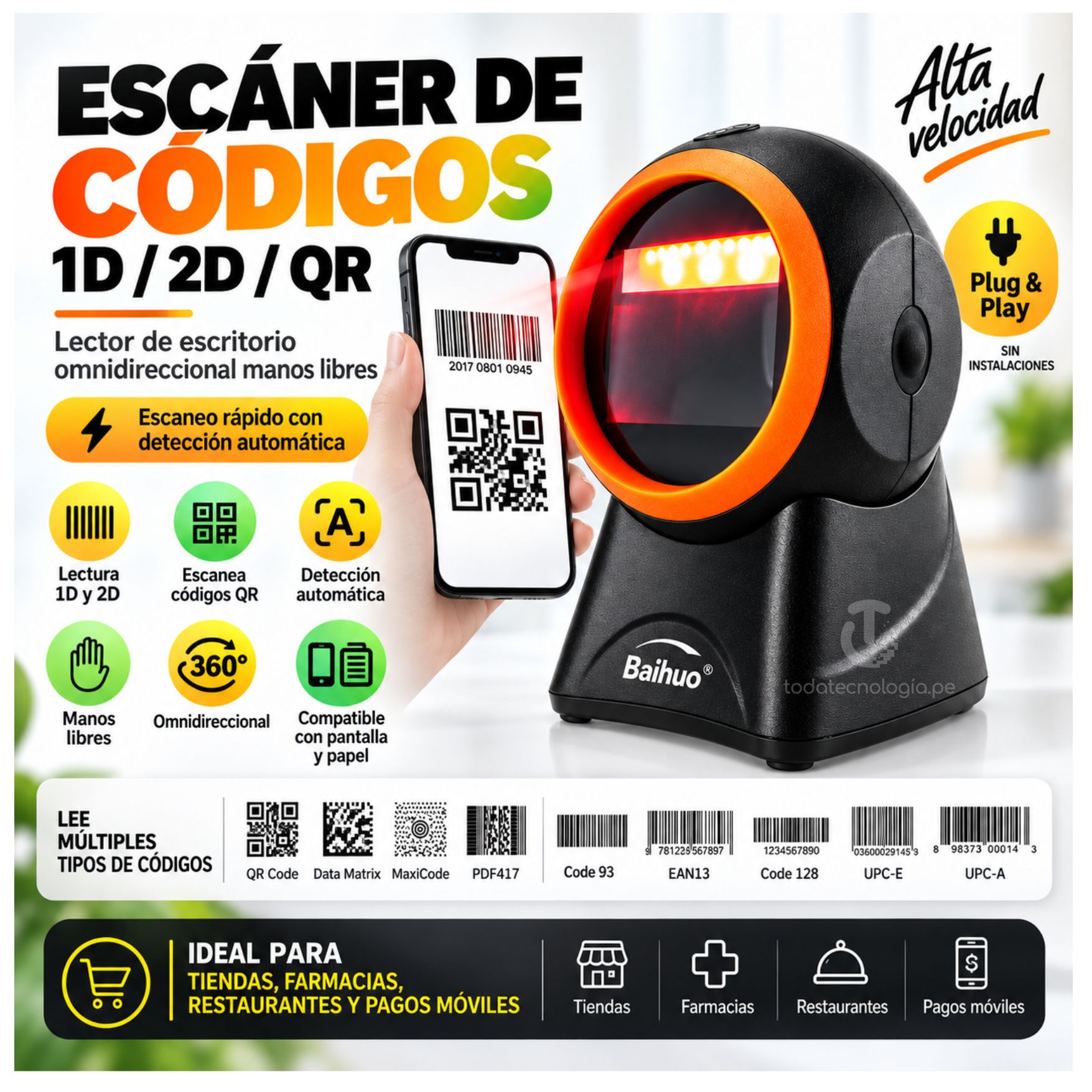 LECTOR DE CÓDIGOS DE BARRAS LECTOR QR 1D 2D OMNIDIRECCIONAL CON CABLE USB BAIHUO MY-7787 - 2