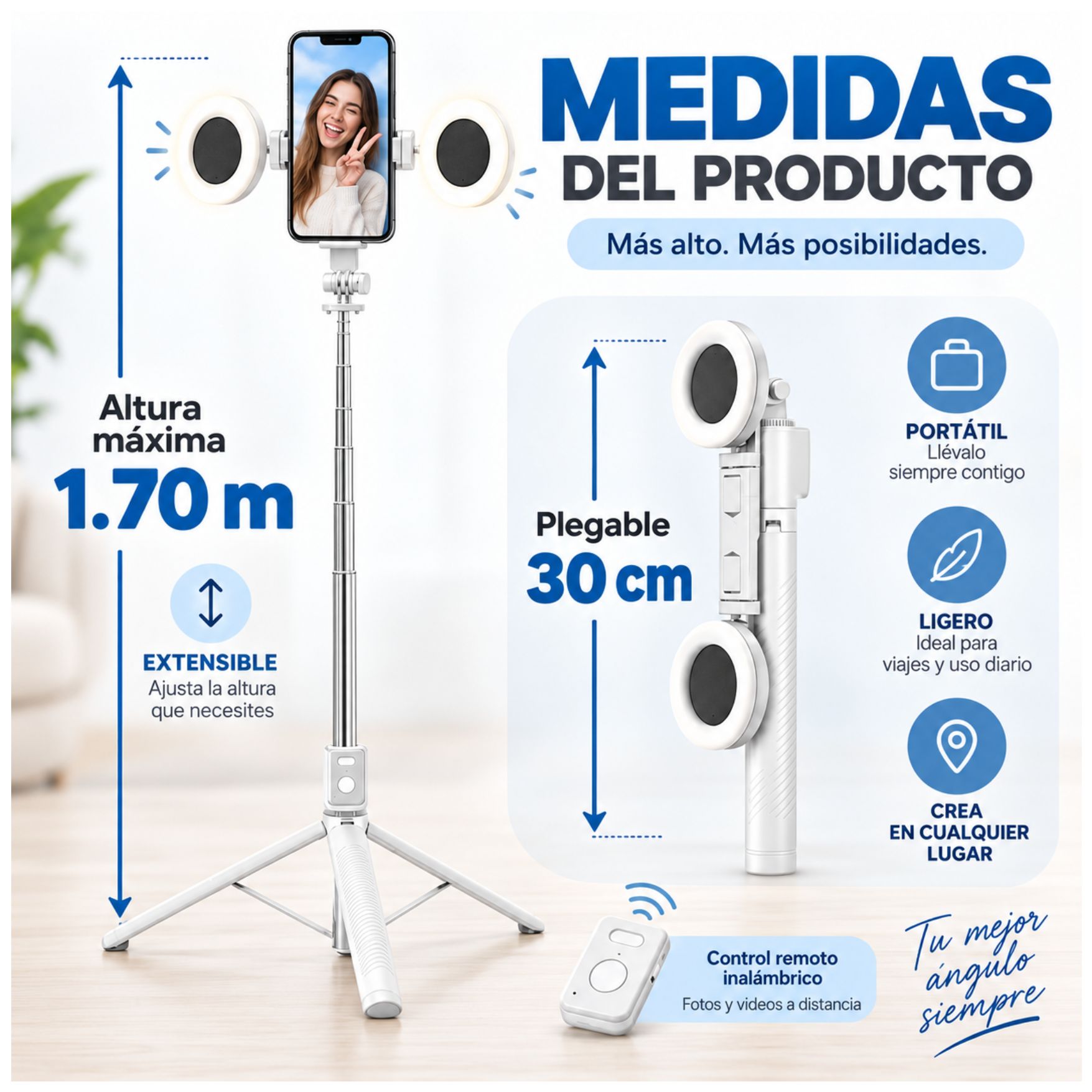 TRÍPODE PALO SELFIE STICK 170CM CON ARO LUZ LED CONTROL REMOTO BLUETOOTH LIVE STREAMING - 3