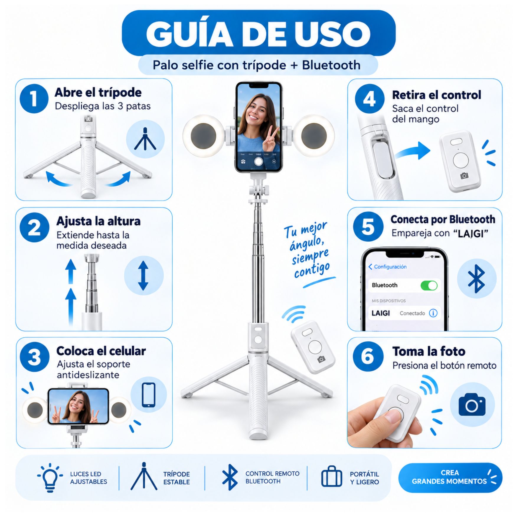 TRÍPODE PALO SELFIE STICK 170CM CON ARO LUZ LED CONTROL REMOTO BLUETOOTH LIVE STREAMING - 4