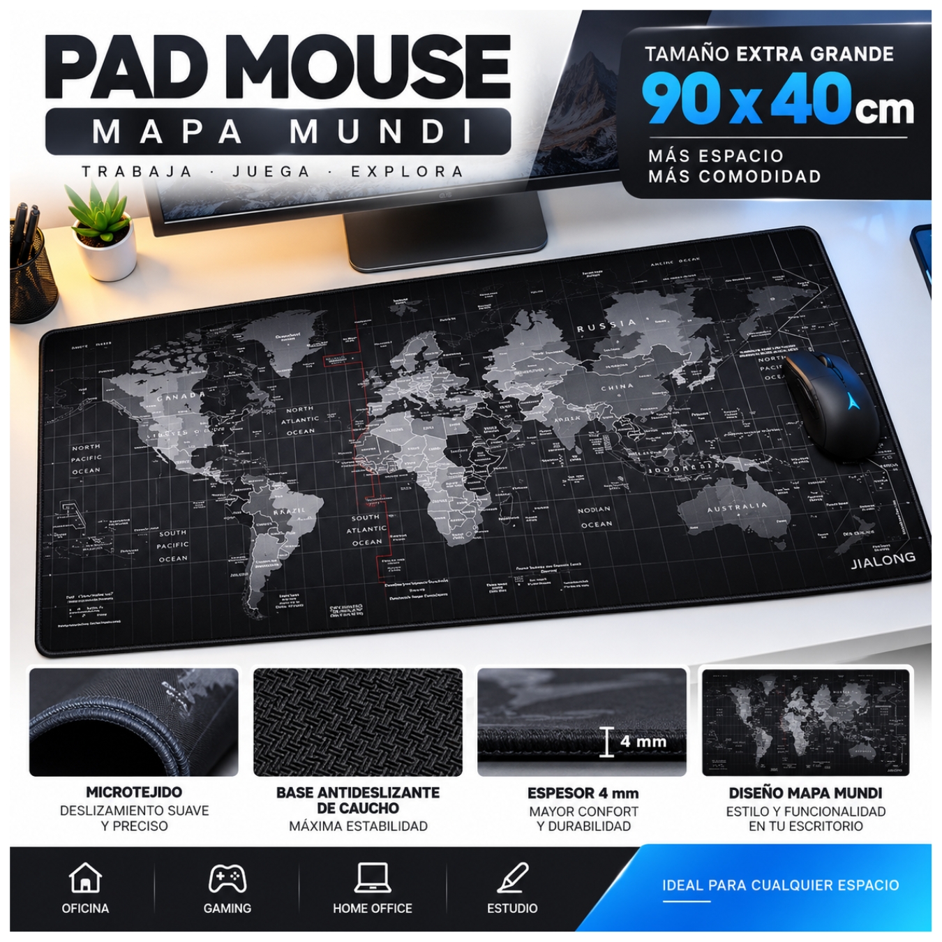 PAD MOUSE GAMER XXL 90×40 CM PARA TECLADO MOUSE ALFOMBRILLA ANTIDESLIZANTE GAMING MAPAMUNDI - 3