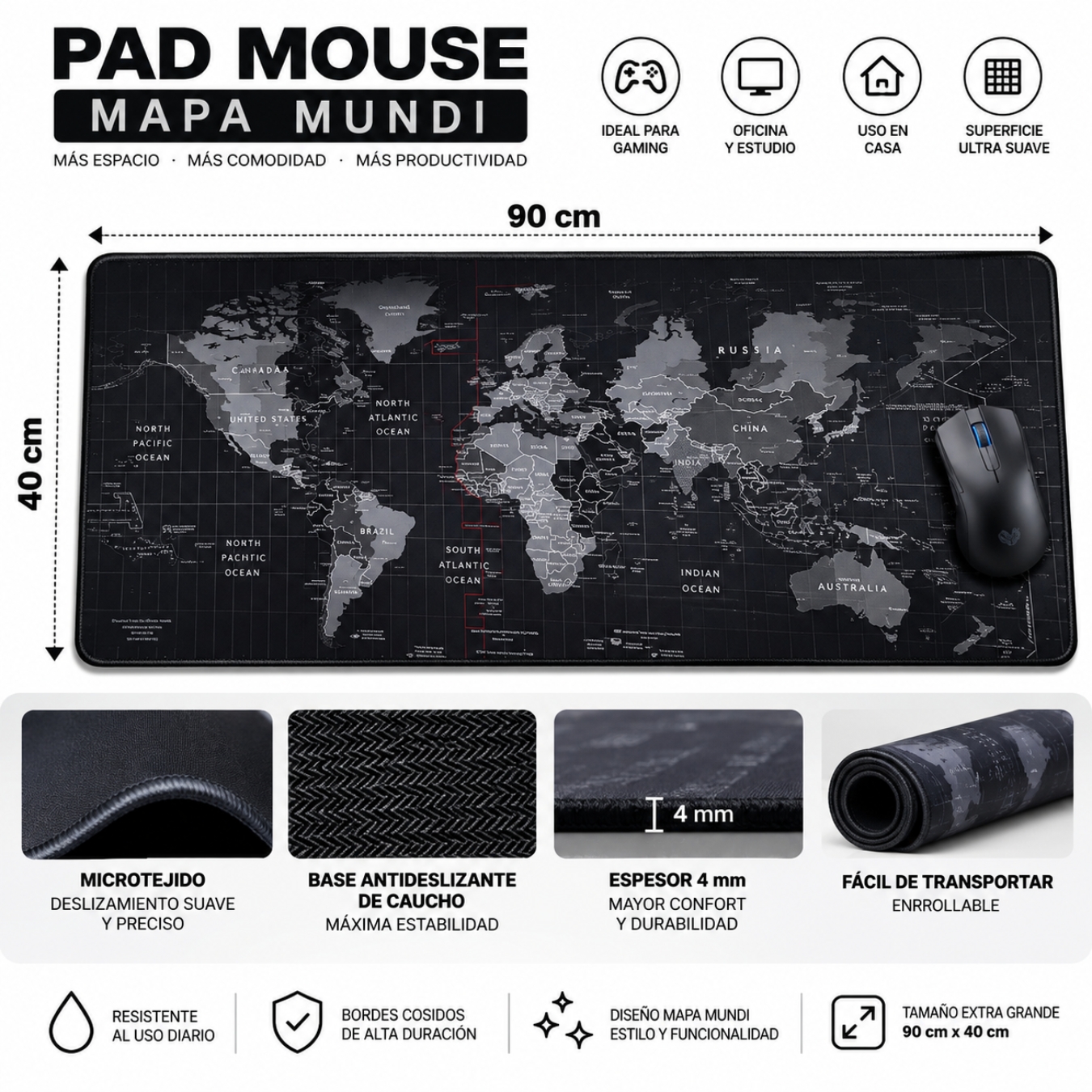 PAD MOUSE GAMER XXL 90×40 CM PARA TECLADO MOUSE ALFOMBRILLA ANTIDESLIZANTE GAMING MAPAMUNDI - 4