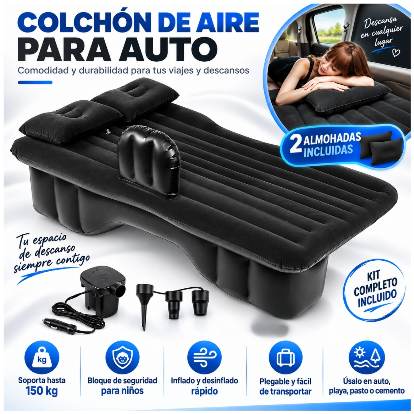 COLCHÓN CAMA INFLABLE AUTOMÓVIL PARA ASIENTO TRASERO CON BOMBA DE PVC CON ALMOHADAS PORTATIL - 1