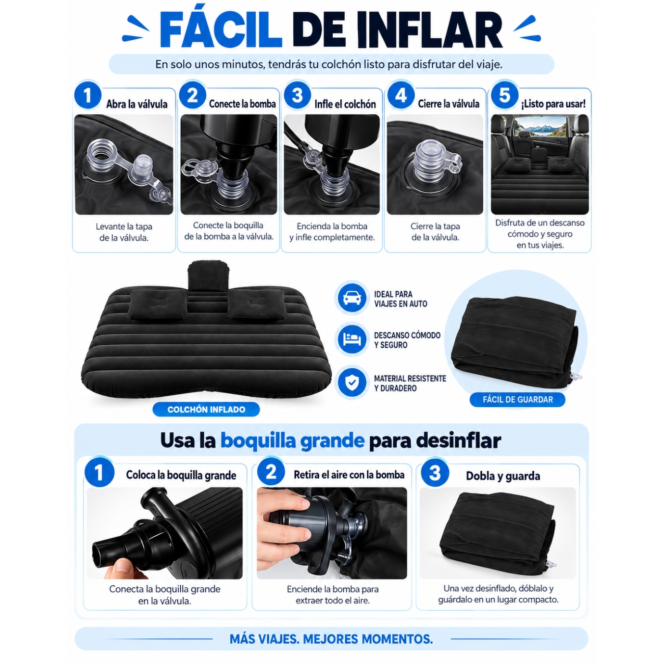 COLCHÓN CAMA INFLABLE AUTOMÓVIL PARA ASIENTO TRASERO CON BOMBA DE PVC CON ALMOHADAS PORTATIL - 2