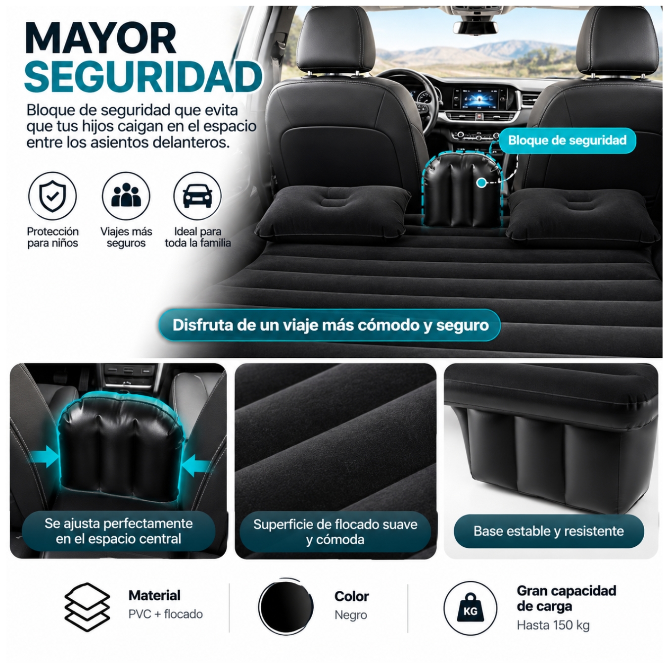 COLCHÓN CAMA INFLABLE AUTOMÓVIL PARA ASIENTO TRASERO CON BOMBA DE PVC CON ALMOHADAS PORTATIL - 3