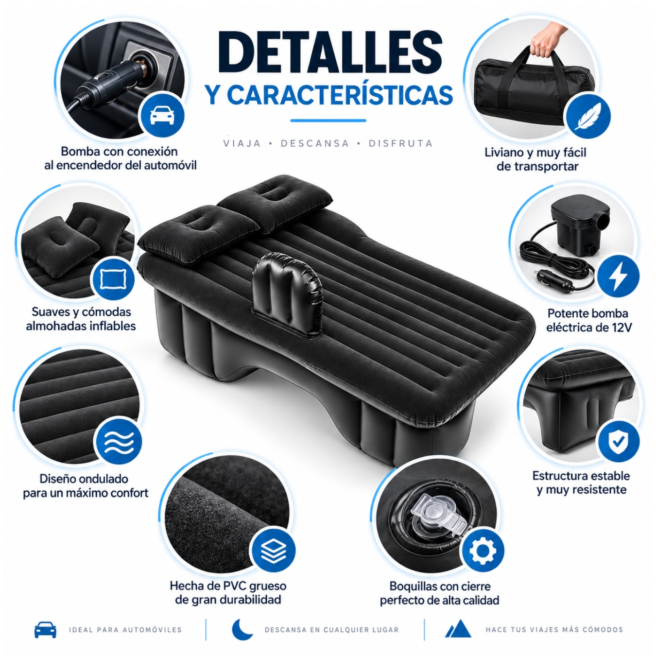 COLCHÓN CAMA INFLABLE AUTOMÓVIL PARA ASIENTO TRASERO CON BOMBA DE PVC CON ALMOHADAS PORTATIL - 4