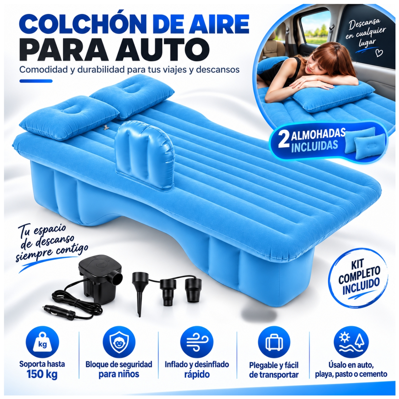 COLCHÓN CAMA INFLABLE AUTOMÓVIL PARA ASIENTO TRASERO CON BOMBA DE PVC CON ALMOHADAS PORTATIL - 1