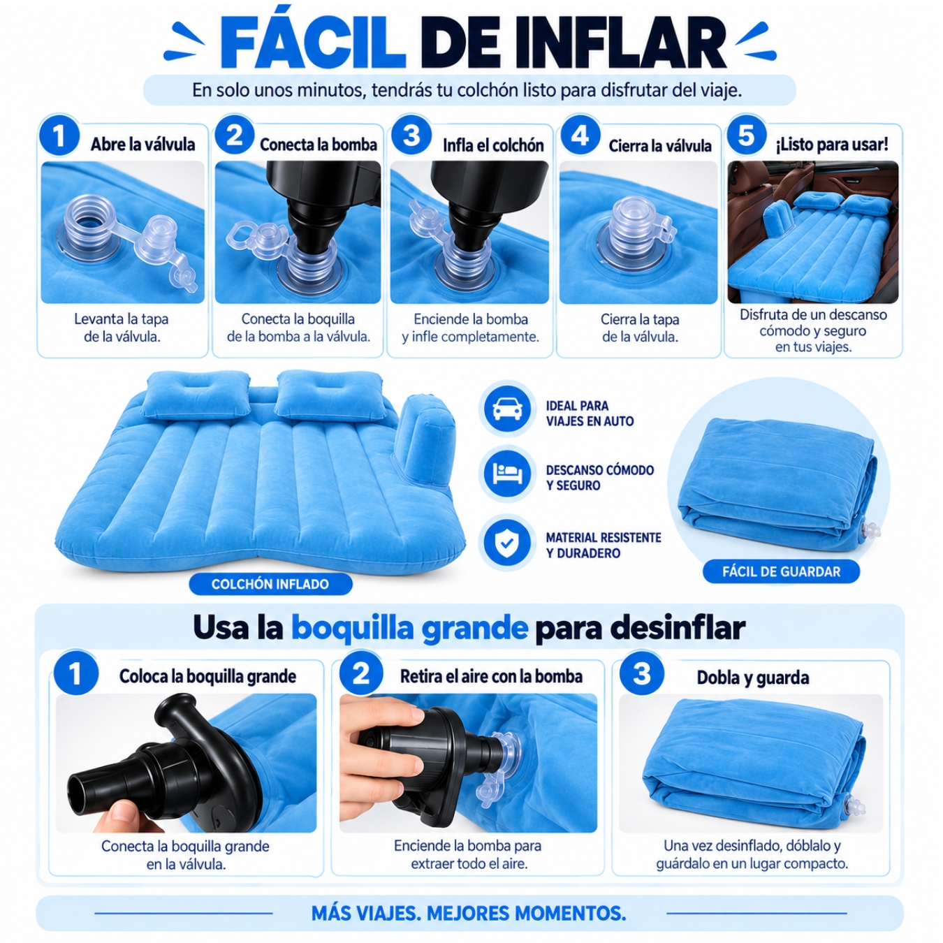 COLCHÓN CAMA INFLABLE AUTOMÓVIL PARA ASIENTO TRASERO CON BOMBA DE PVC CON ALMOHADAS PORTATIL - 2