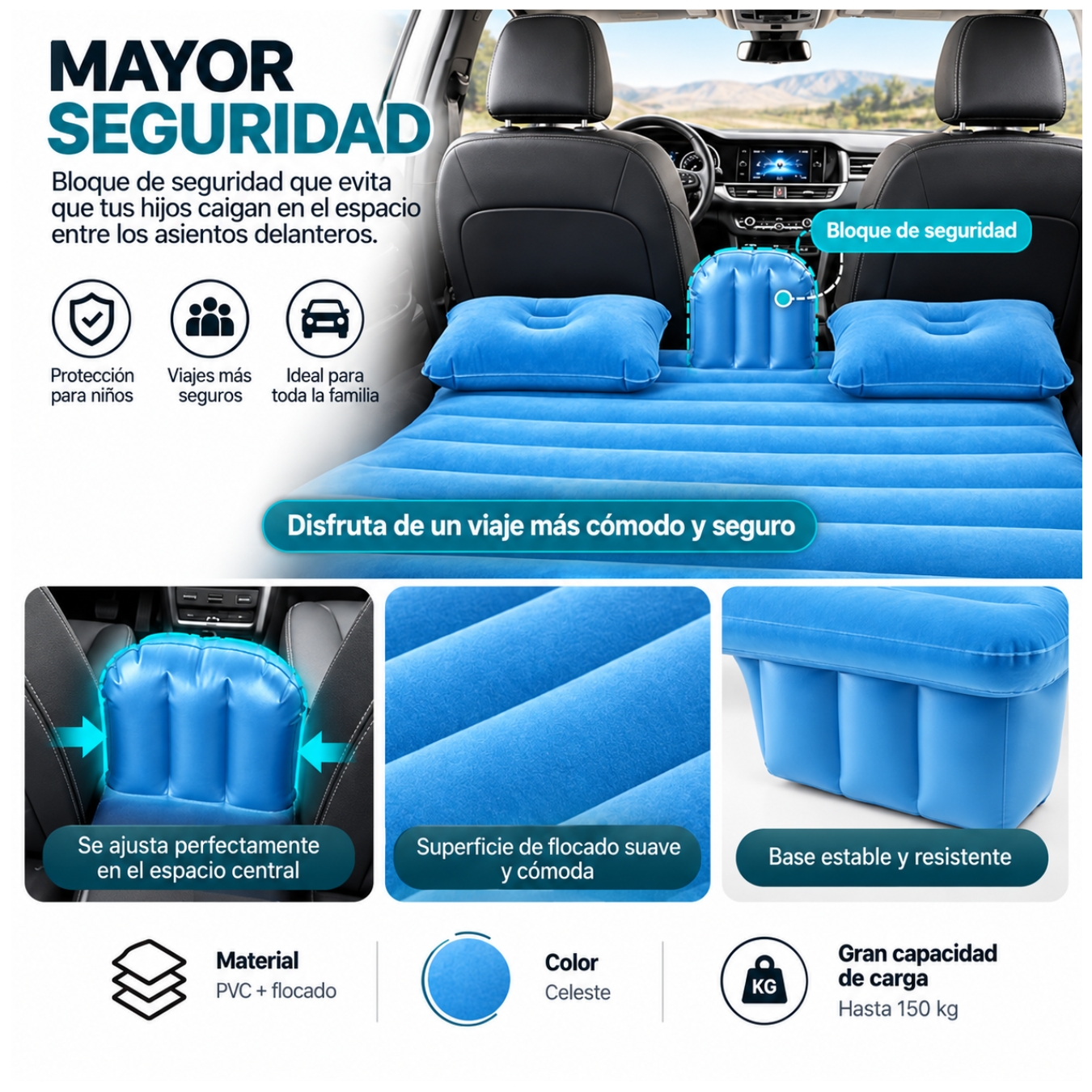 COLCHÓN CAMA INFLABLE AUTOMÓVIL PARA ASIENTO TRASERO CON BOMBA DE PVC CON ALMOHADAS PORTATIL - 3