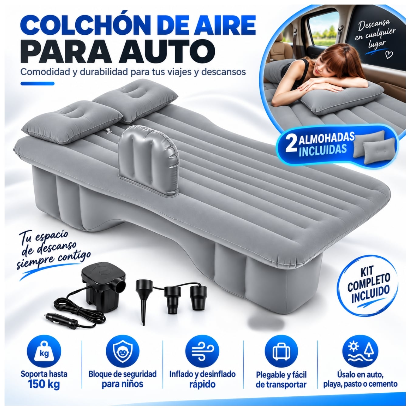 COLCHÓN CAMA INFLABLE AUTOMÓVIL PARA ASIENTO TRASERO CON BOMBA DE PVC CON ALMOHADAS PORTATIL - 1