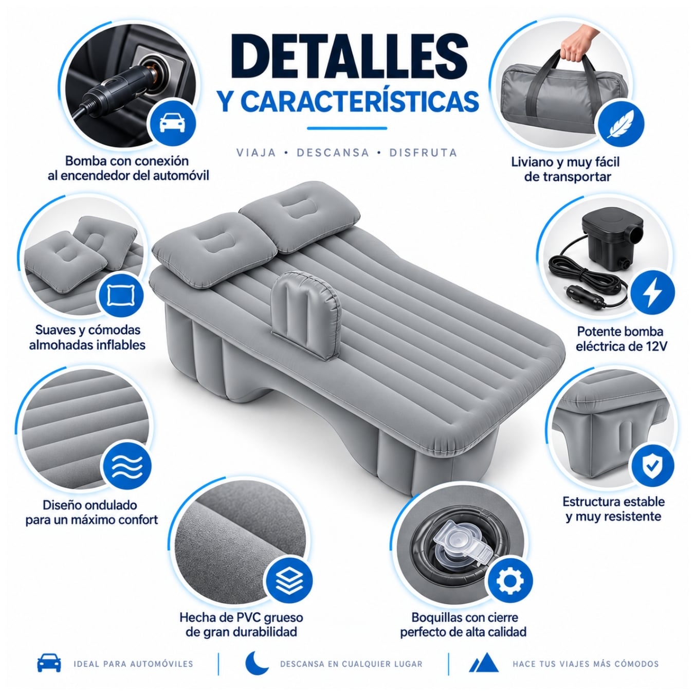 COLCHÓN CAMA INFLABLE AUTOMÓVIL PARA ASIENTO TRASERO CON BOMBA DE PVC CON ALMOHADAS PORTATIL - 3