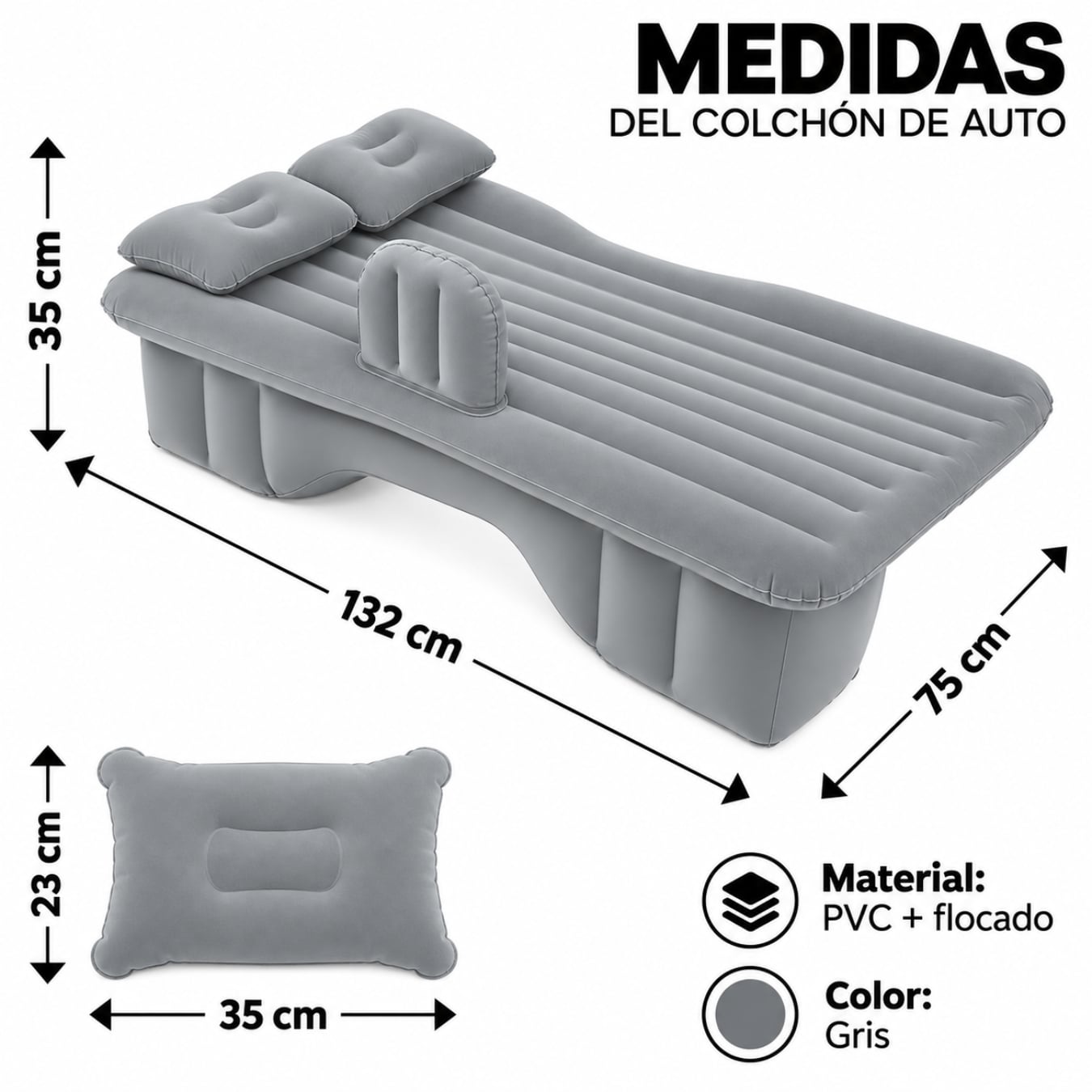COLCHÓN CAMA INFLABLE AUTOMÓVIL PARA ASIENTO TRASERO CON BOMBA DE PVC CON ALMOHADAS PORTATIL - 4