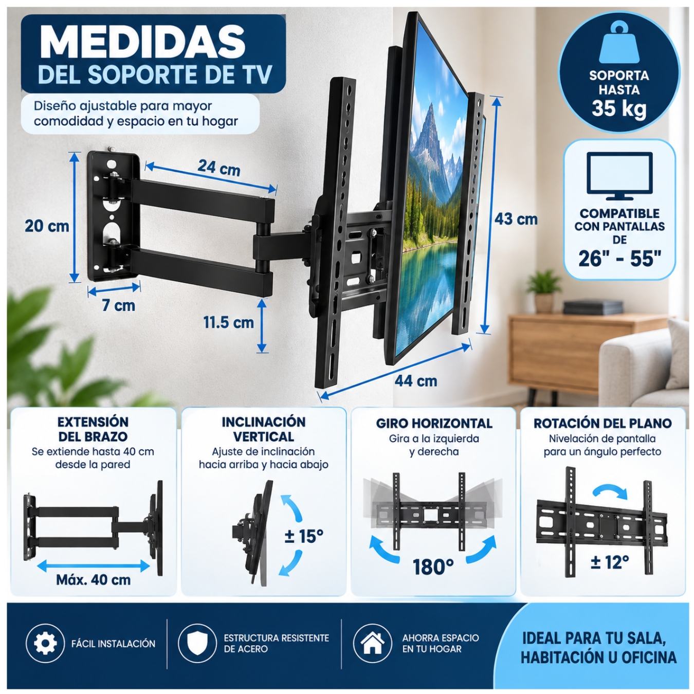 RACK DE TELEVISIÓN SOPORTE GIRATORIO PARA PANTALLAS 26-55 PULGADAS NS-814 ARTICULADO - 4