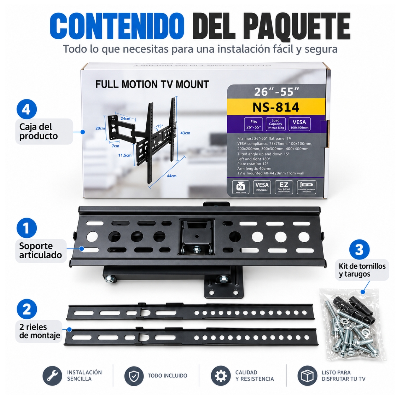 RACK DE TELEVISIÓN SOPORTE GIRATORIO PARA PANTALLAS 26-55 PULGADAS NS-814 ARTICULADO - 6