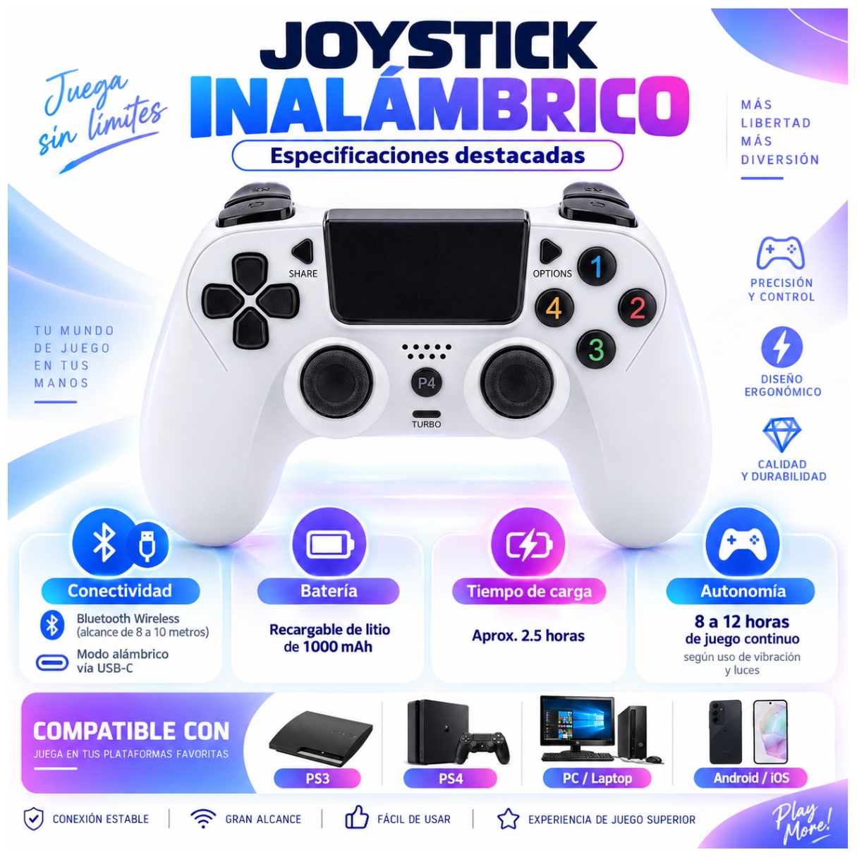 JOYSTICK MANDO CONTROL PARA PS3 PS4 PC ANDROID INALÁMBRICO RECARGABLE VIBRACIÓN DUAL - 3