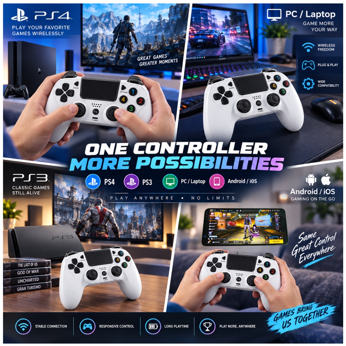 JOYSTICK MANDO CONTROL PARA PS3 PS4 PC ANDROID INALÁMBRICO RECARGABLE VIBRACIÓN DUAL - 5