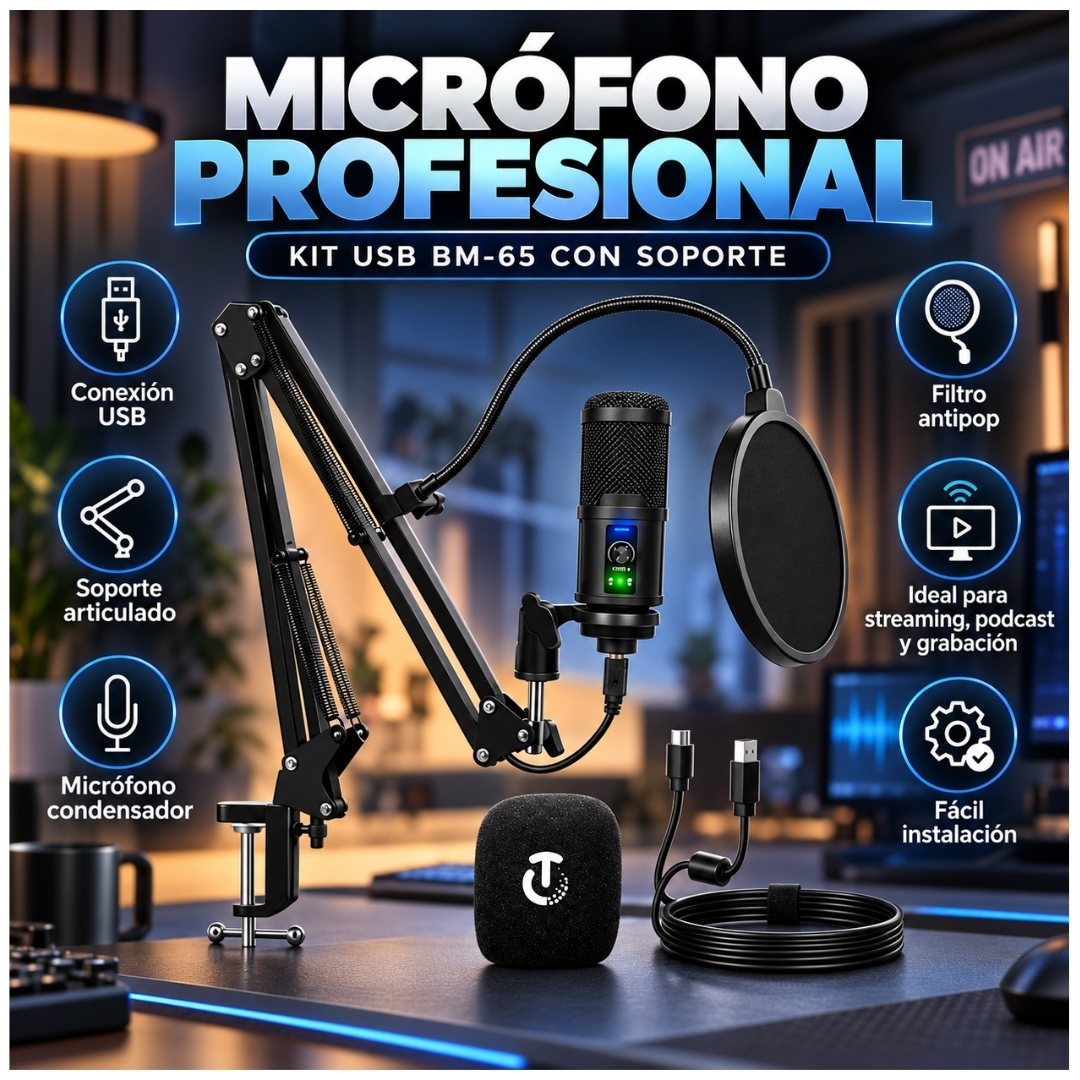 KIT MICRÓFONO CONDENSADOR PROFESIONAL PC USB PARA STREAM Y PODCAST BM-65 - 2