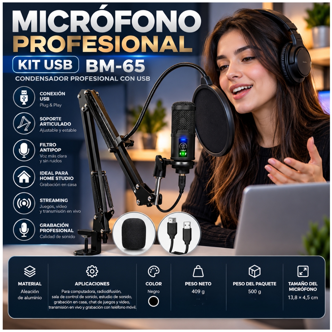KIT MICRÓFONO CONDENSADOR PROFESIONAL PC USB PARA STREAM Y PODCAST BM-65 - 3