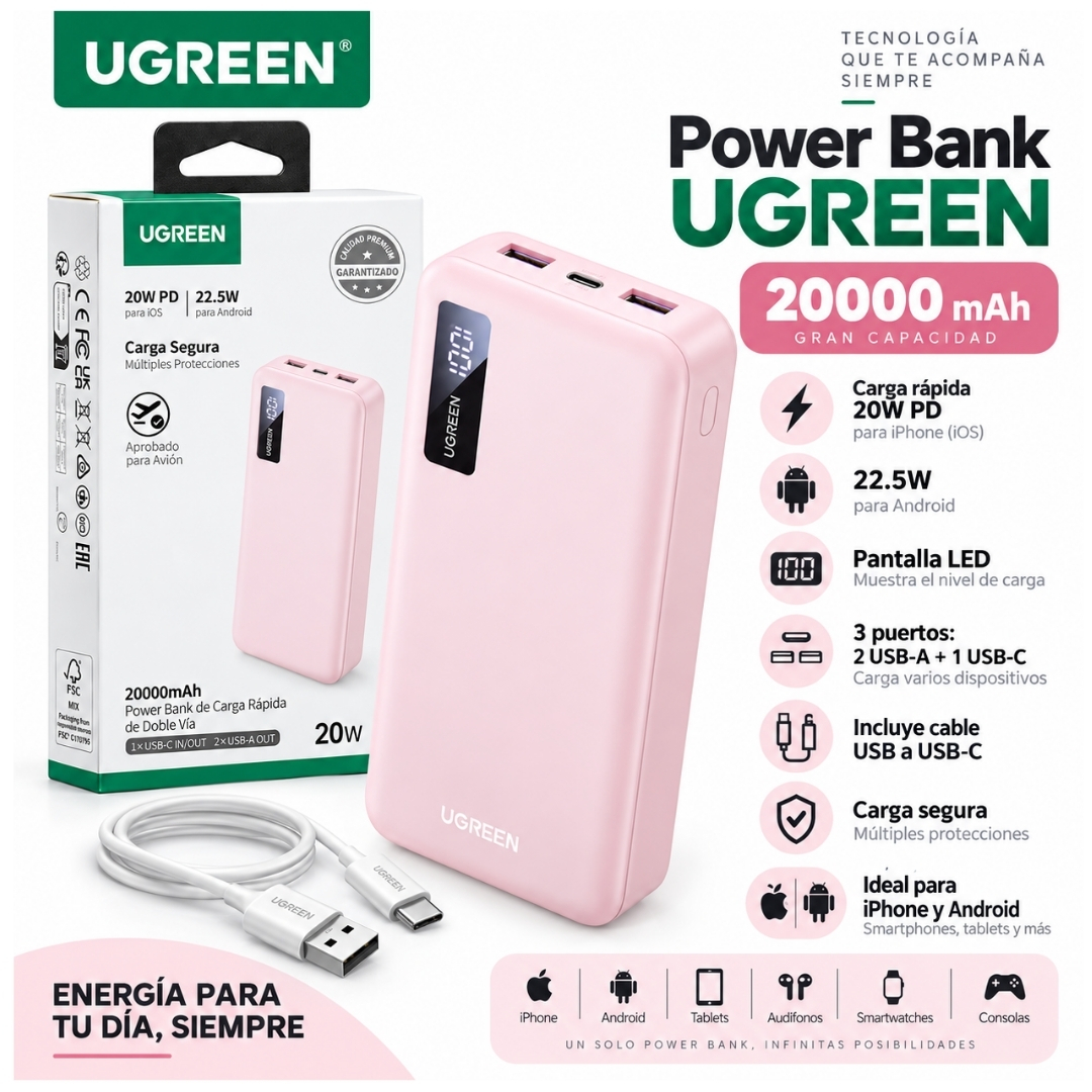 POWER BANK UGREEN 20000 MAH 20W PD - CARGADOR PORTÁTIL CARGA RÁPIDA CON PANTALLA LED Y 3 PUERTOS - 2