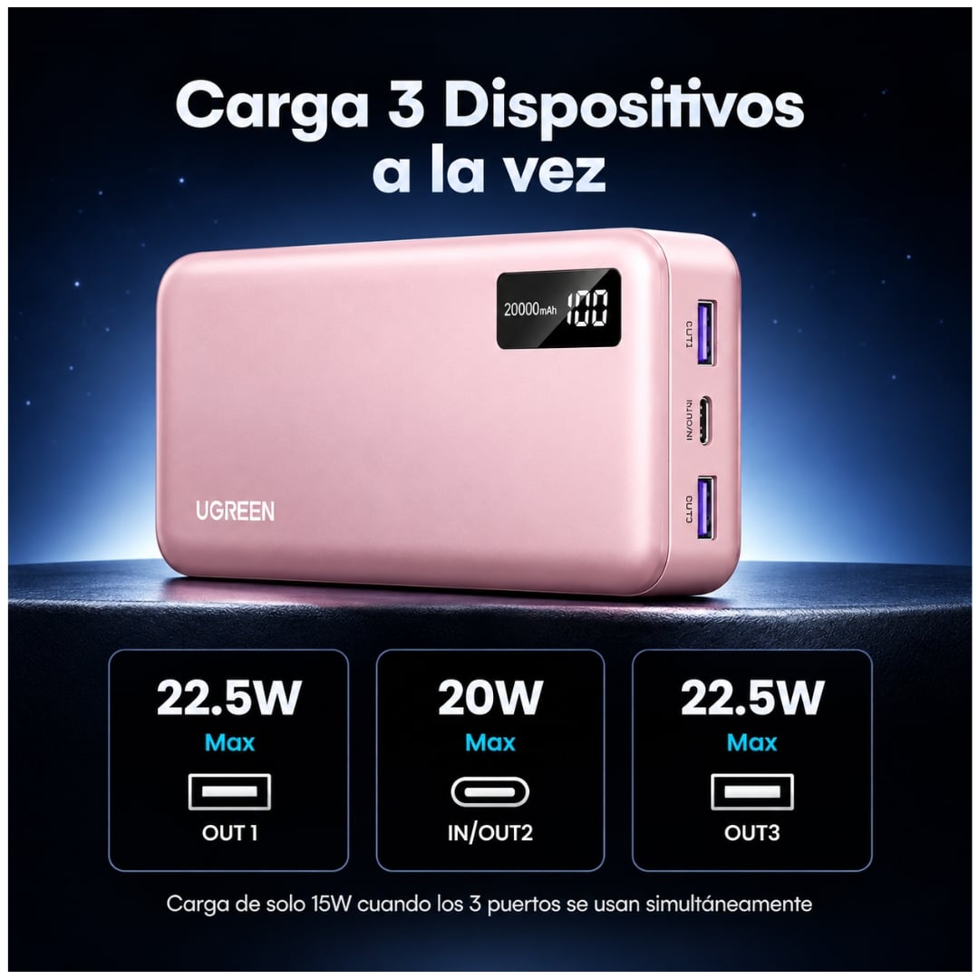 POWER BANK UGREEN 20000 MAH 20W PD - CARGADOR PORTÁTIL CARGA RÁPIDA CON PANTALLA LED Y 3 PUERTOS - 3