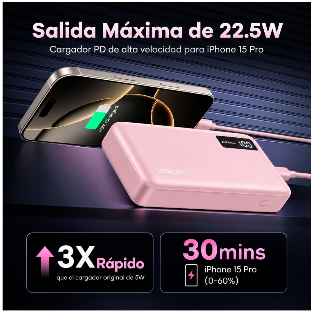 POWER BANK UGREEN 20000 MAH 20W PD - CARGADOR PORTÁTIL CARGA RÁPIDA CON PANTALLA LED Y 3 PUERTOS - 5