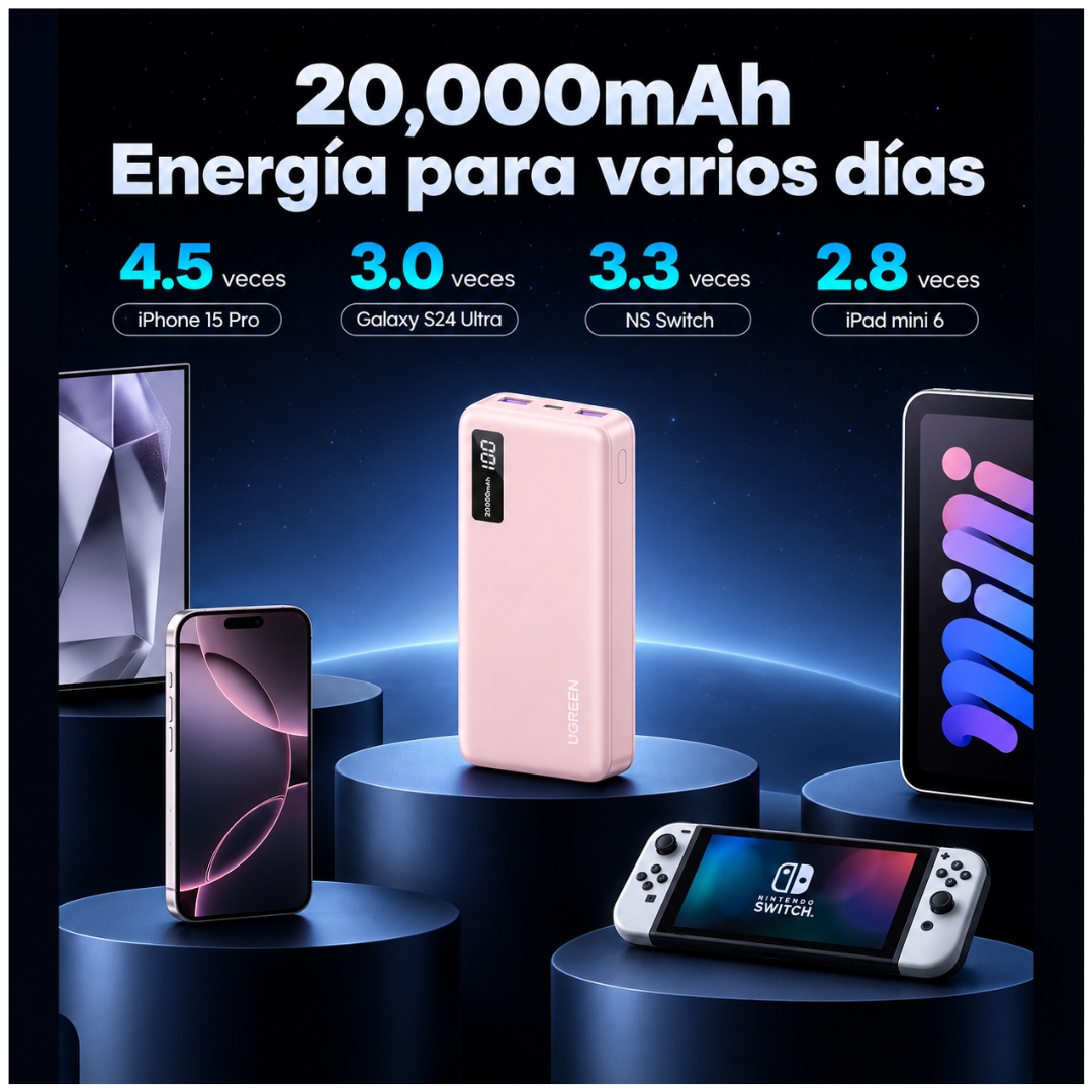 POWER BANK UGREEN 20000 MAH 20W PD - CARGADOR PORTÁTIL CARGA RÁPIDA CON PANTALLA LED Y 3 PUERTOS - 6